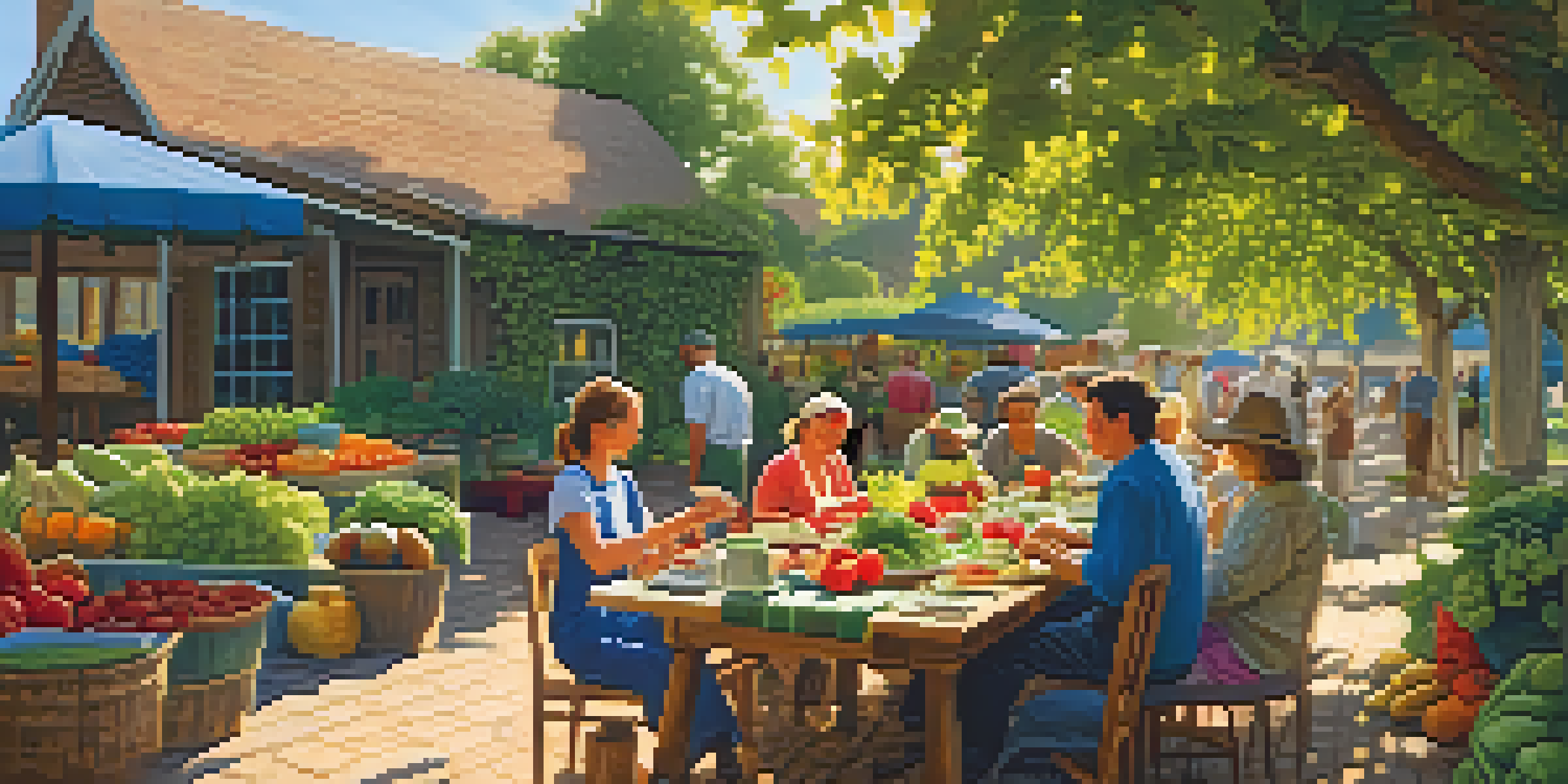 An outdoor garden dining setting with a wooden table filled with colorful dishes made from fresh vegetables and fruits, and farmers tending to crops in the background.