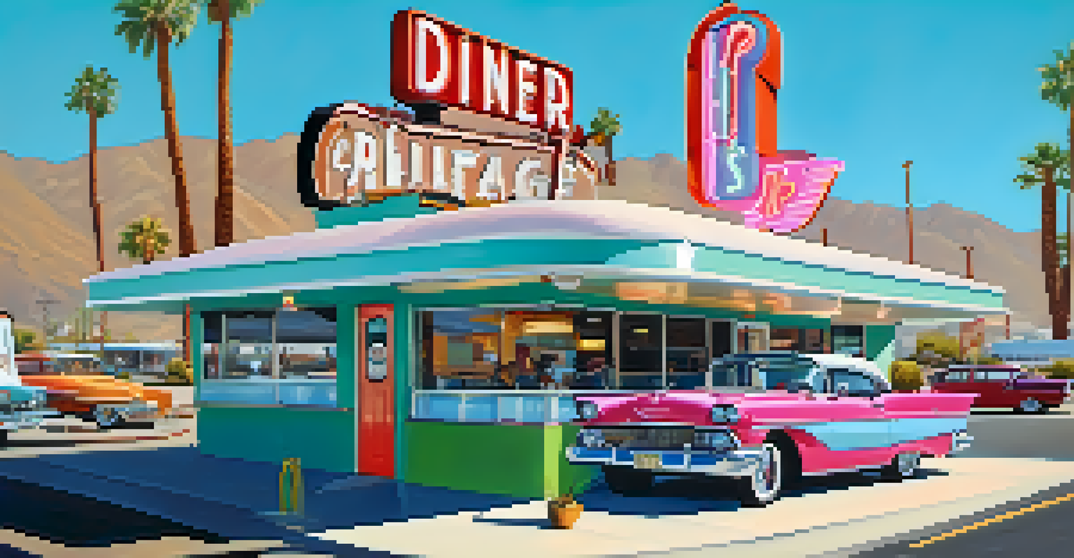 A vintage diner along Route 66 in Palm Springs with retro signage and diners enjoying meals outside.