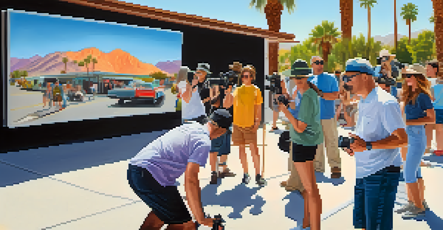 A group of photographers participating in a workshop on a vibrant street.