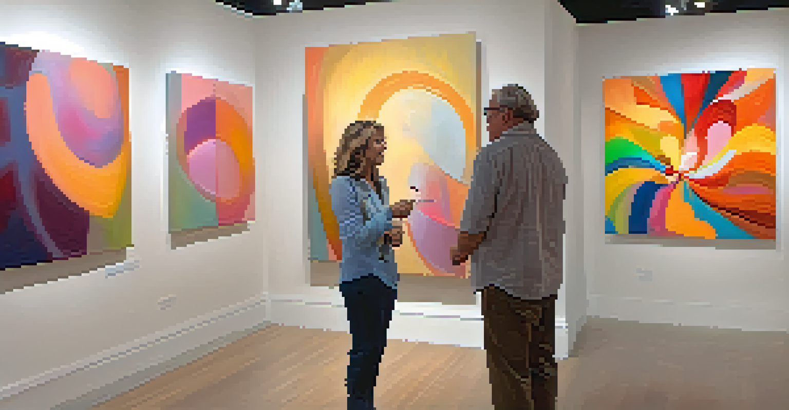 A local artist interacting with visitors at their gallery during the Palm Springs Art Walk, with colorful artworks in the background.