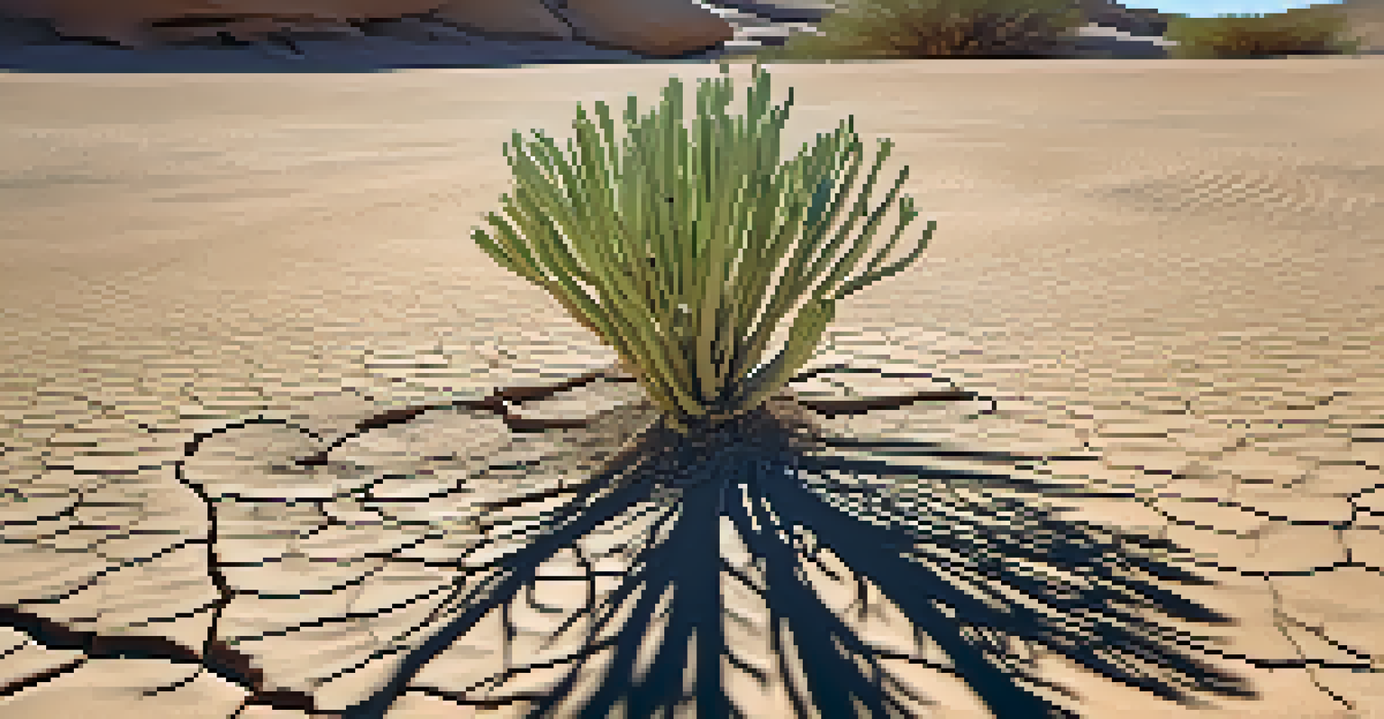 Close-up of a resilient desert plant with deep roots in dry soil, illuminated by sunlight creating shadows.
