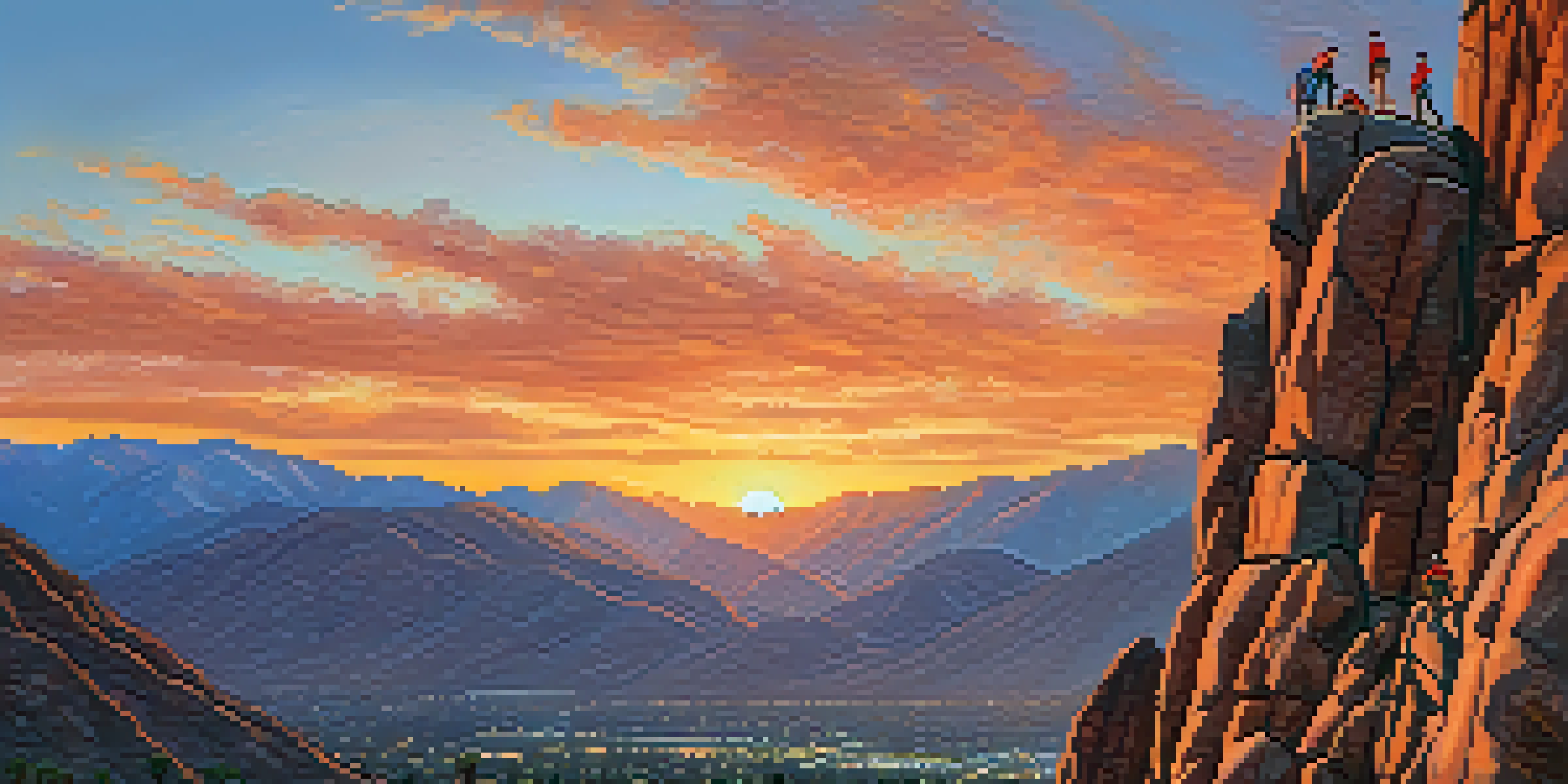 A stunning sunset over rock climbers on a cliff in Palm Springs, with vibrant colors and mountains in the background.