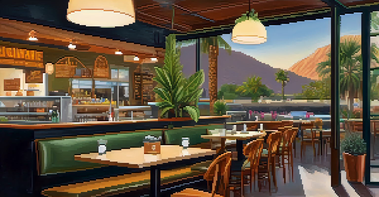 A cozy café interior in Palm Springs with seating areas and a chalkboard menu featuring healthy options.