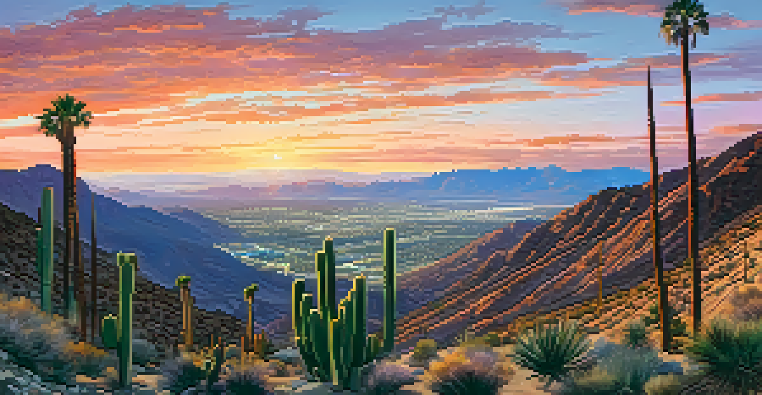 A stunning sunset view from the Palm Springs Aerial Tramway showing the San Jacinto Mountains and a colorful sky.