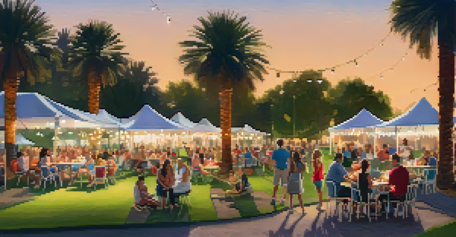 A summer concert scene in Palm Springs with families picnicking, a band performing on stage, and twinkling lights overhead.