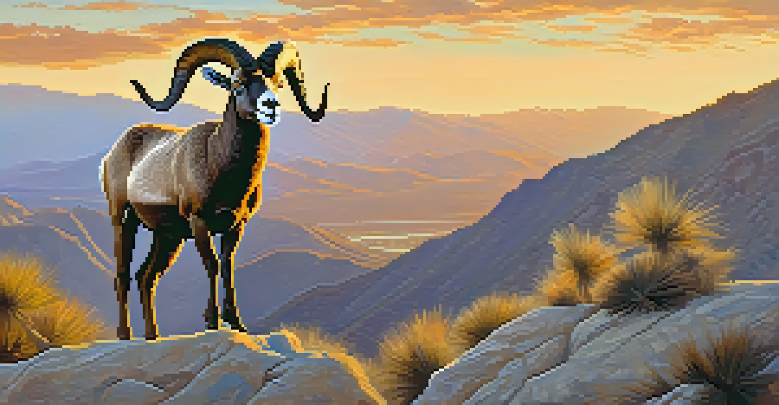 A bighorn sheep on a rocky cliff with a sunset backdrop, displaying its horns and fur against a scenic view of Palm Springs.