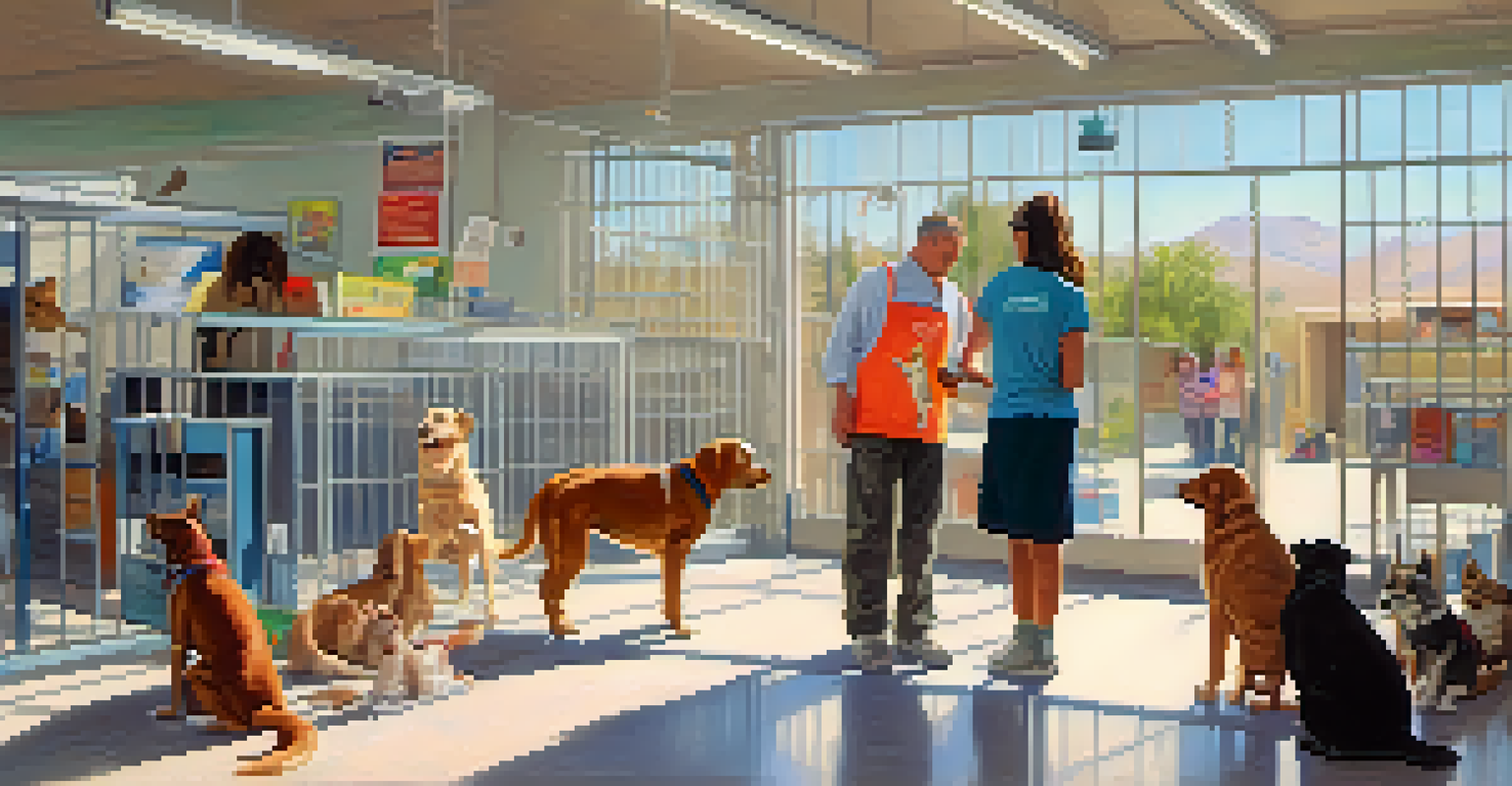 A volunteer petting a rescued dog at the Palm Springs Animal Shelter surrounded by colorful supplies and natural light.