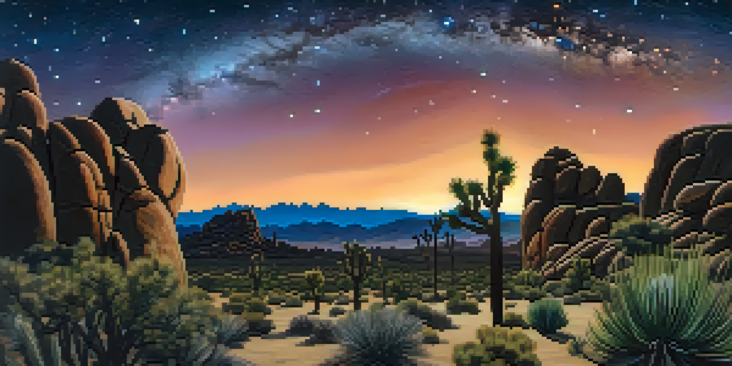 A night scene in Joshua Tree National Park featuring rock formations and a starry sky with the Milky Way and shooting stars.