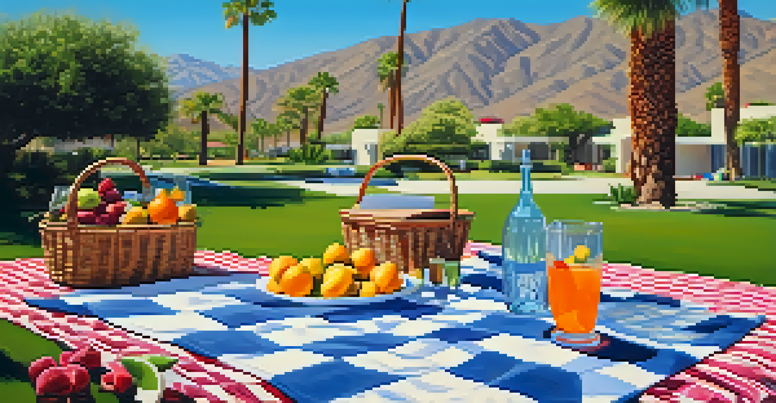 A picnic setup in Palm Springs with a checkered blanket, fruits, drinks, and blooming desert flowers under a clear blue sky.