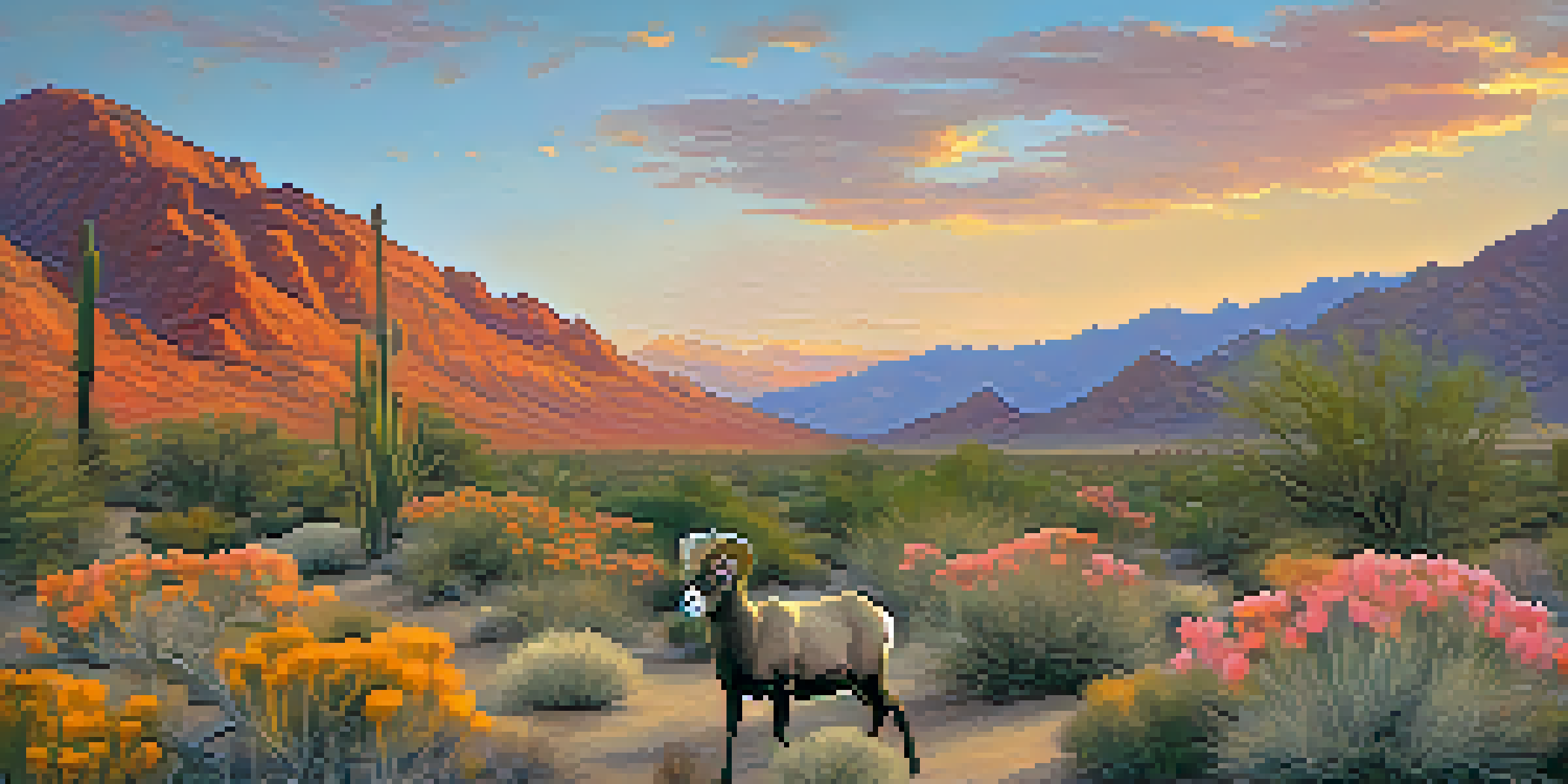 A picturesque desert landscape at sunset with cacti and bighorn sheep, showcasing the natural beauty of Palm Springs.