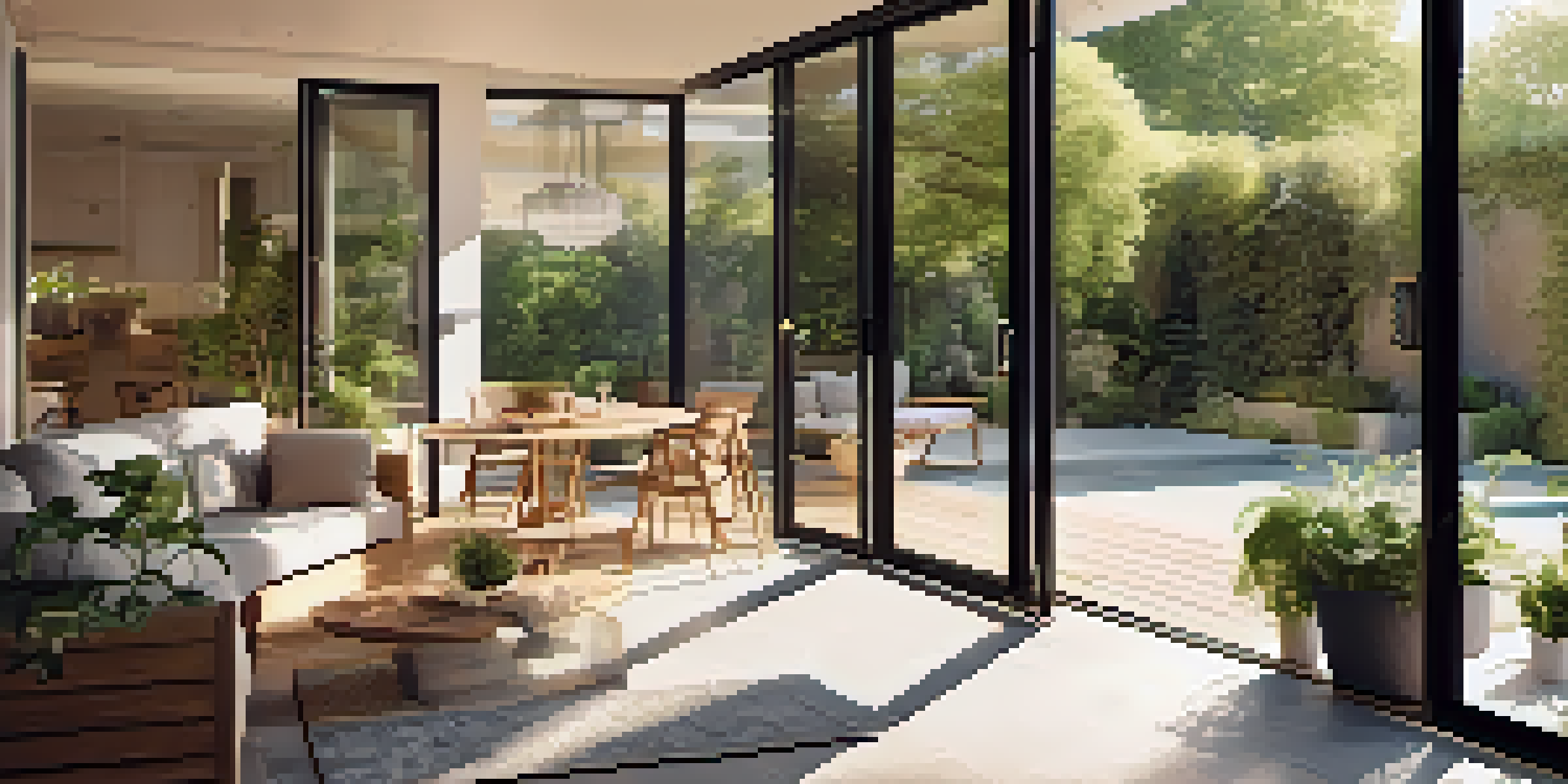 A bright patio extending from a cozy living room with large glass doors, featuring lush plants and a dining setup.