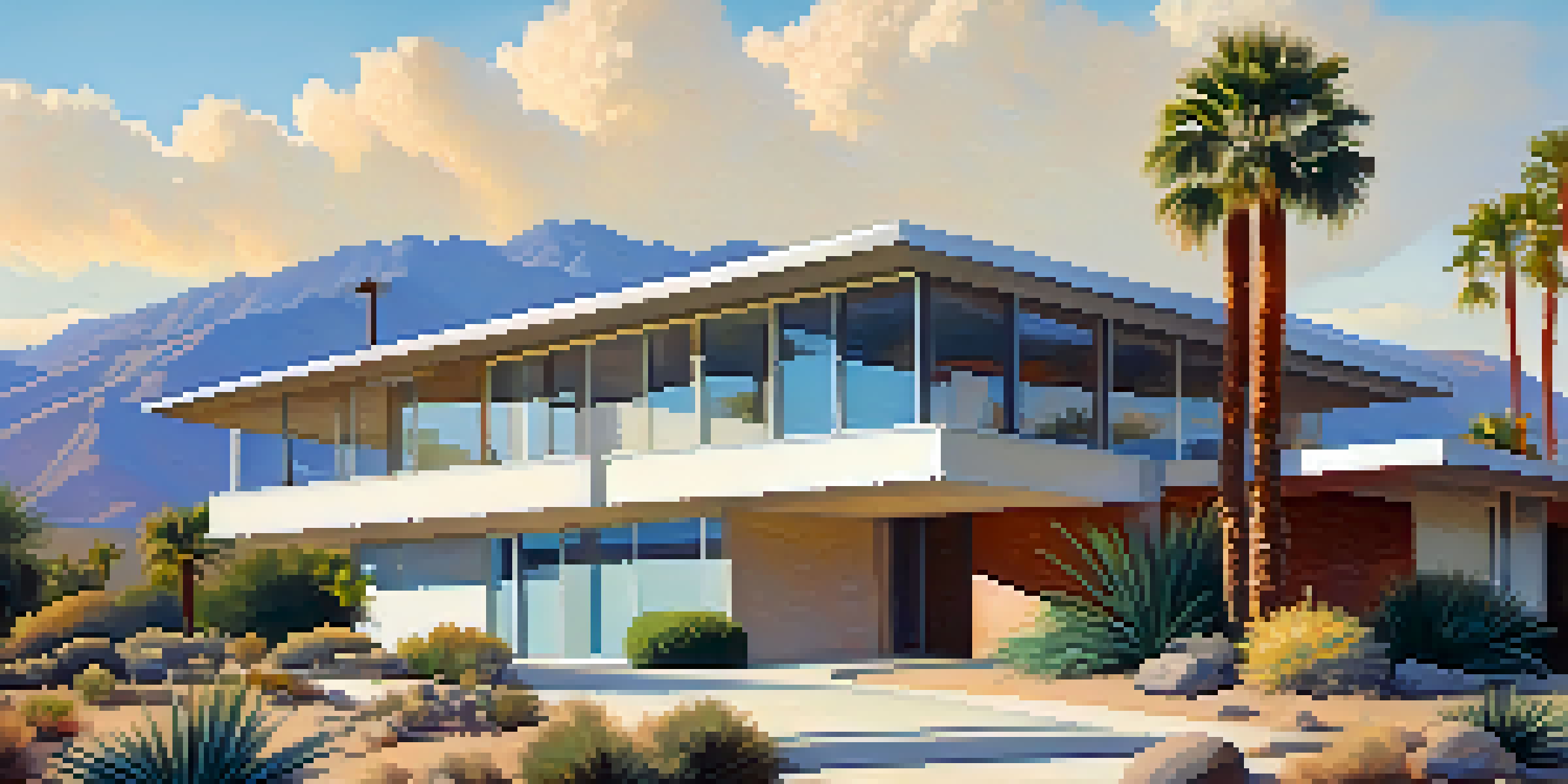 A mid-century modern home in Palm Springs with large windows and palm trees against a blue sky.