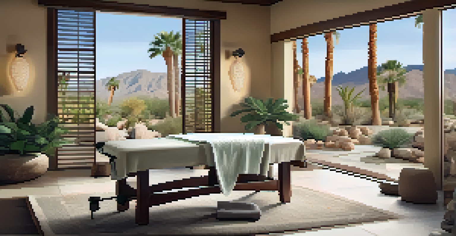 An elegant spa treatment room with soft lighting and a view of the desert landscape, featuring a massage table and calming decor.