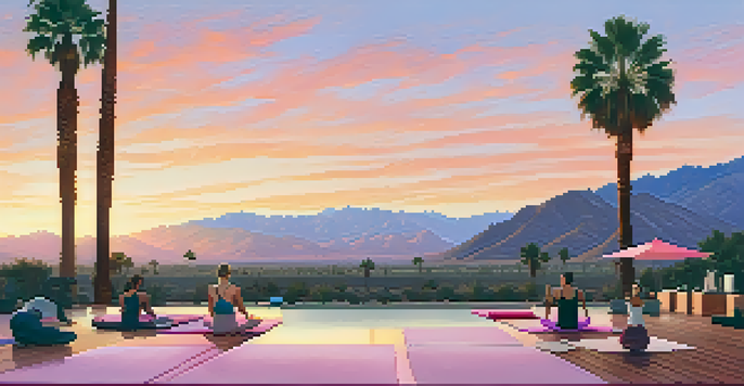 A peaceful sunrise yoga session in the desert with palm trees and mountains in the background.