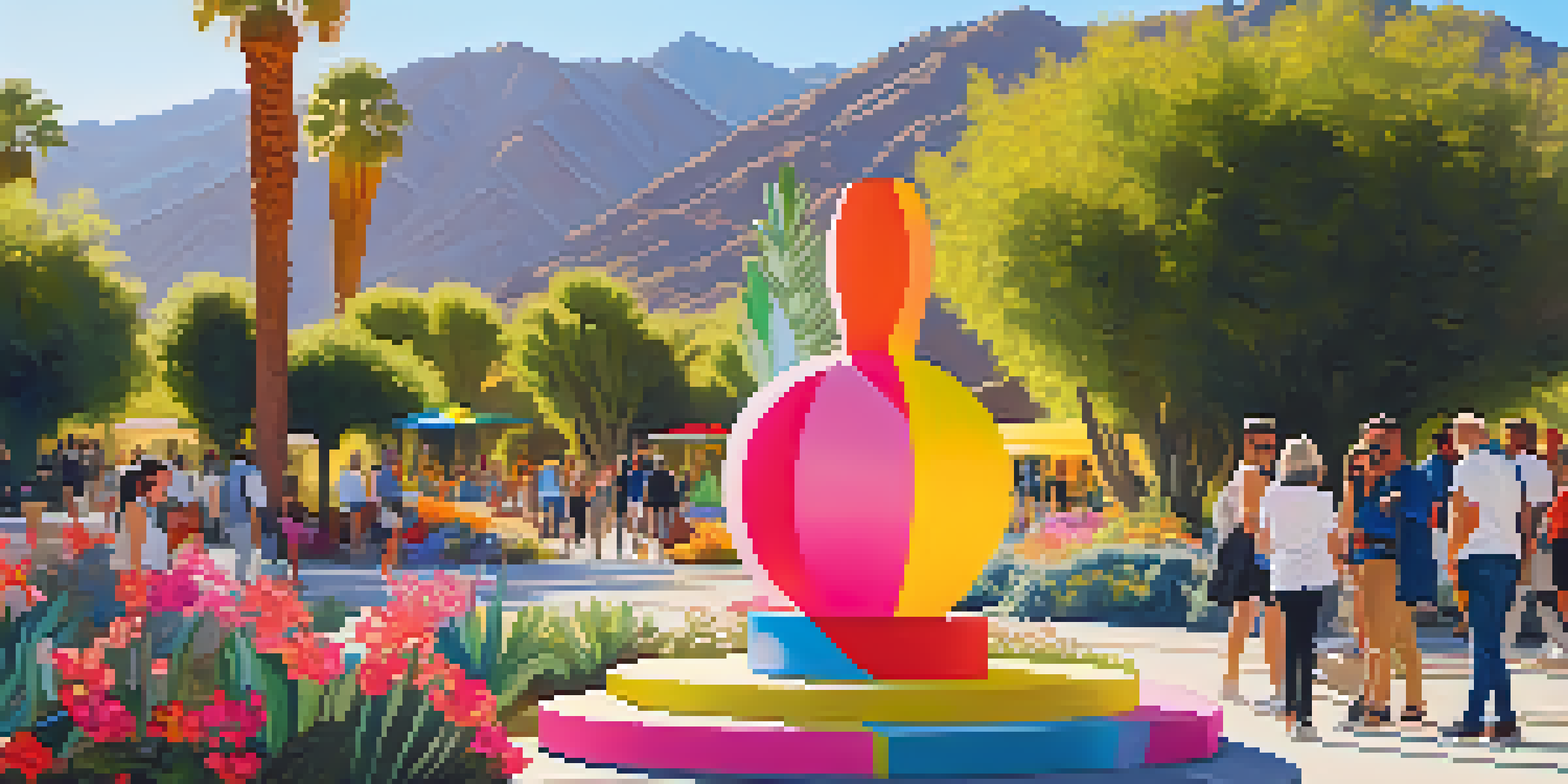 A colorful outdoor art installation in a park with people admiring the sculptures surrounded by greenery and desert flowers during sunset.