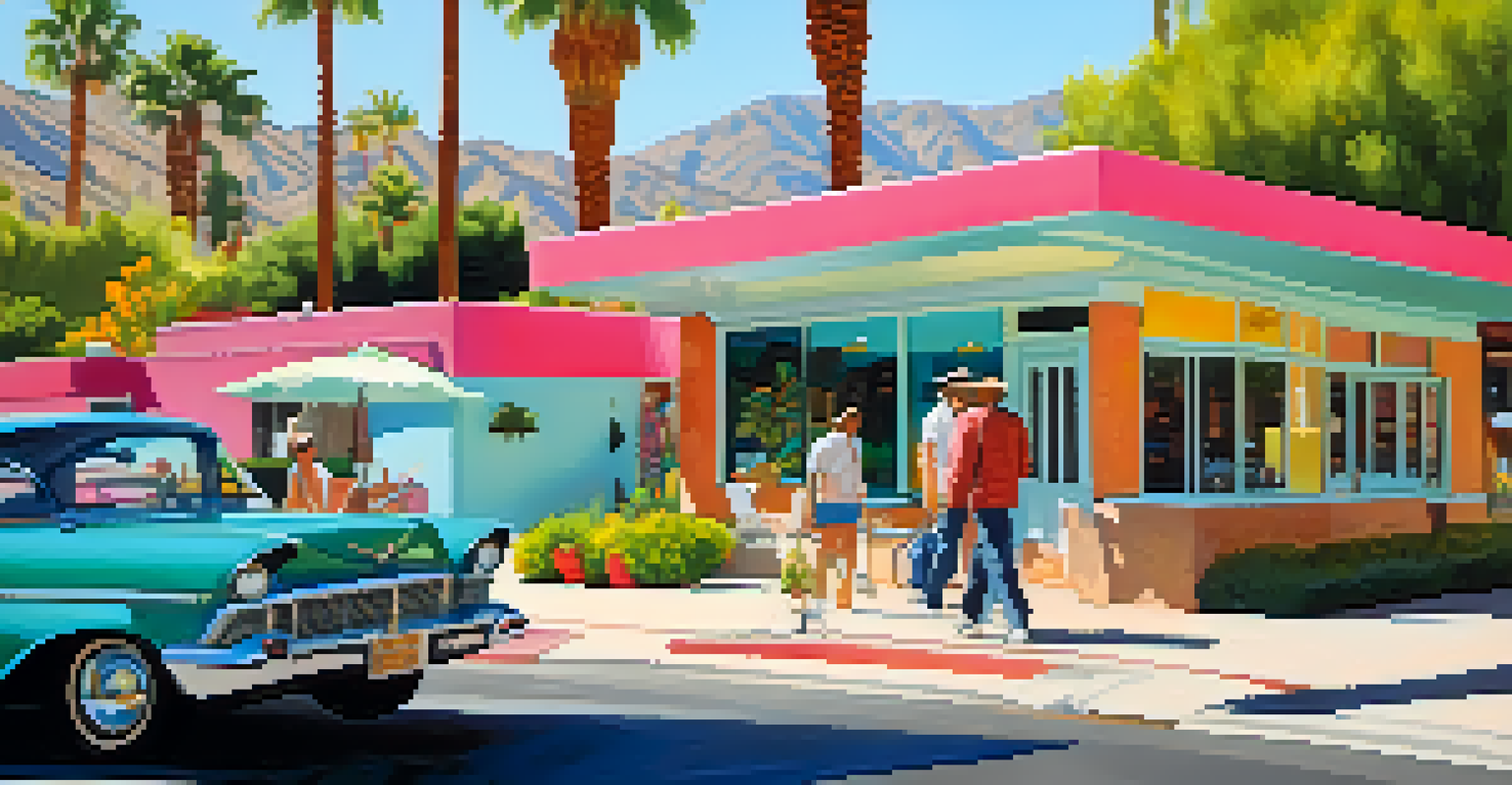 A lively street scene in Palm Springs Historic District, with people walking past colorful mid-century homes and local shops.