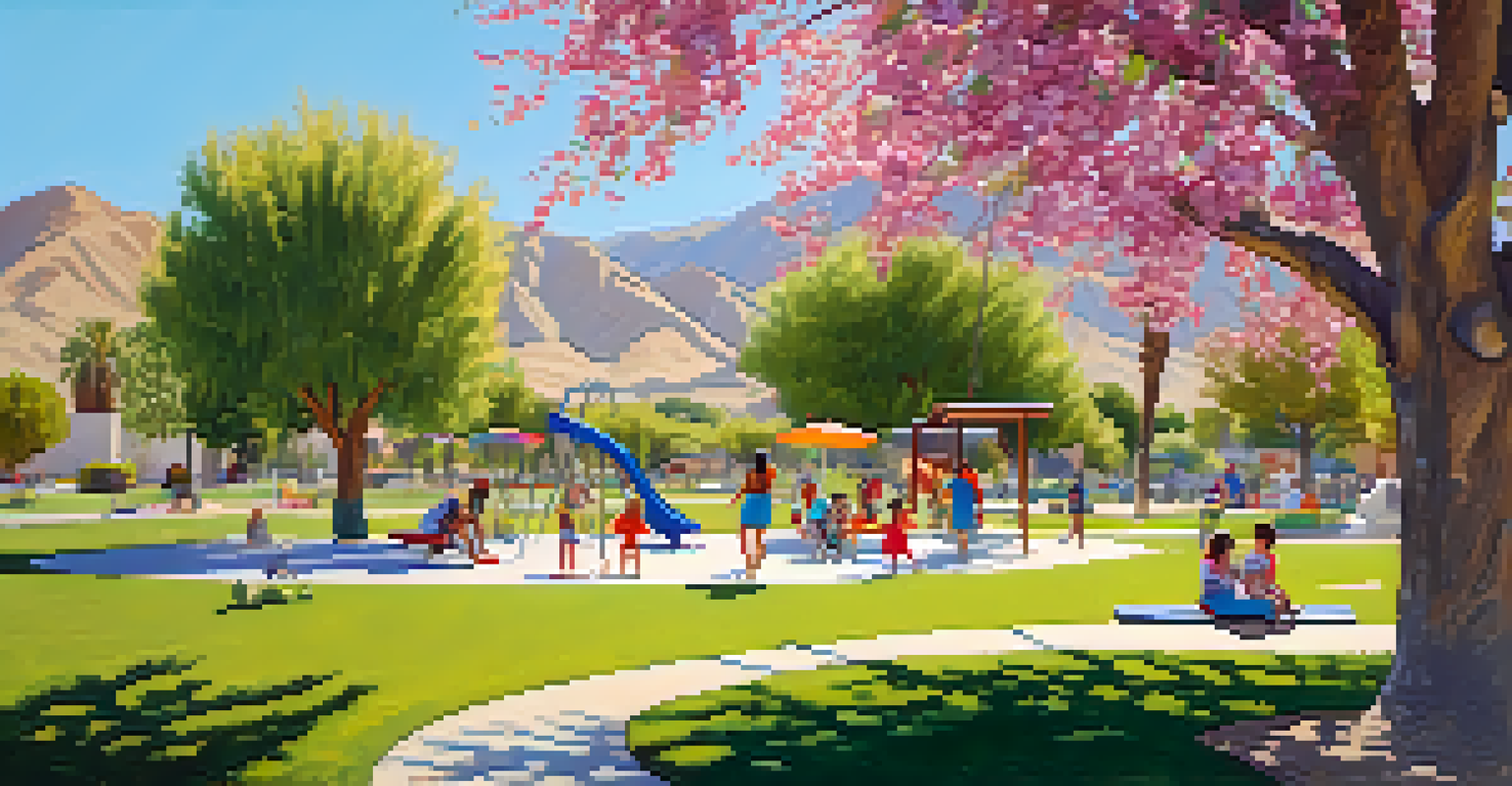 A vibrant park scene in Cathedral City with children playing and families picnicking surrounded by flowers and mountains.