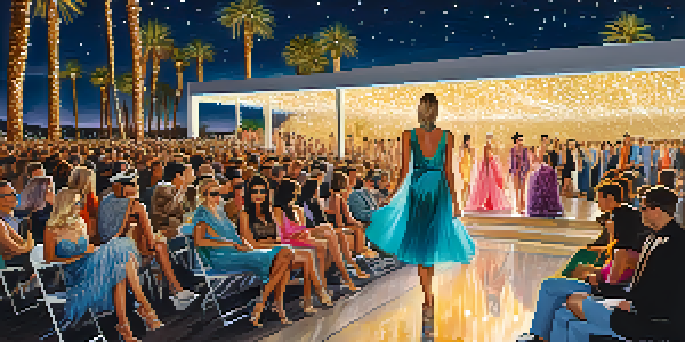 A nighttime fashion runway in Palm Springs with models in colorful outfits and a captivated audience under the stars.
