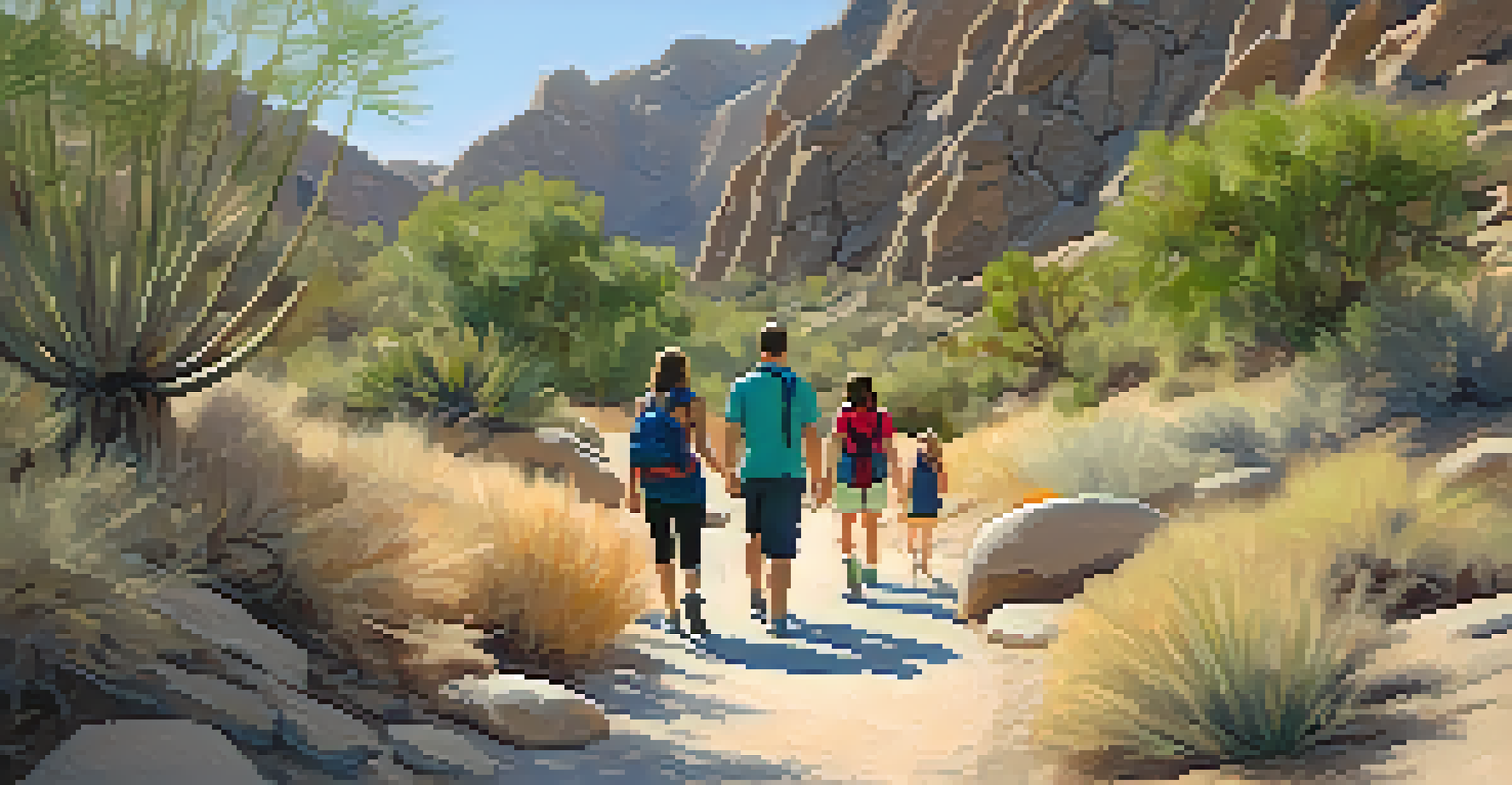 A family hiking on the Andreas Canyon Trail, surrounded by gentle paths and fascinating rock formations in warm afternoon light.