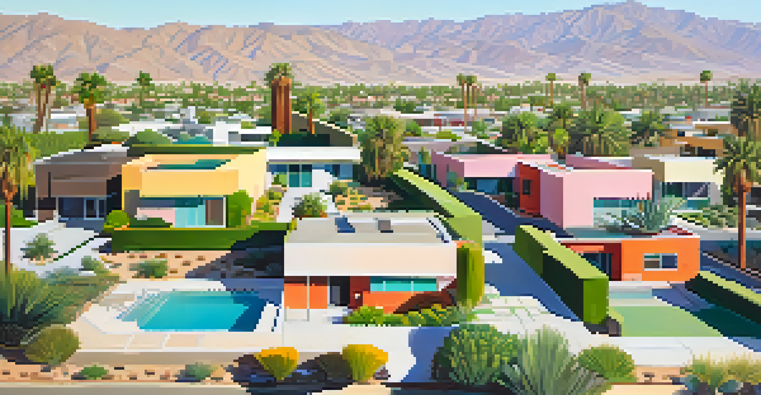 An aerial view of a neighborhood in Palm Springs featuring various Mid-Century Modern homes with geometric shapes.
