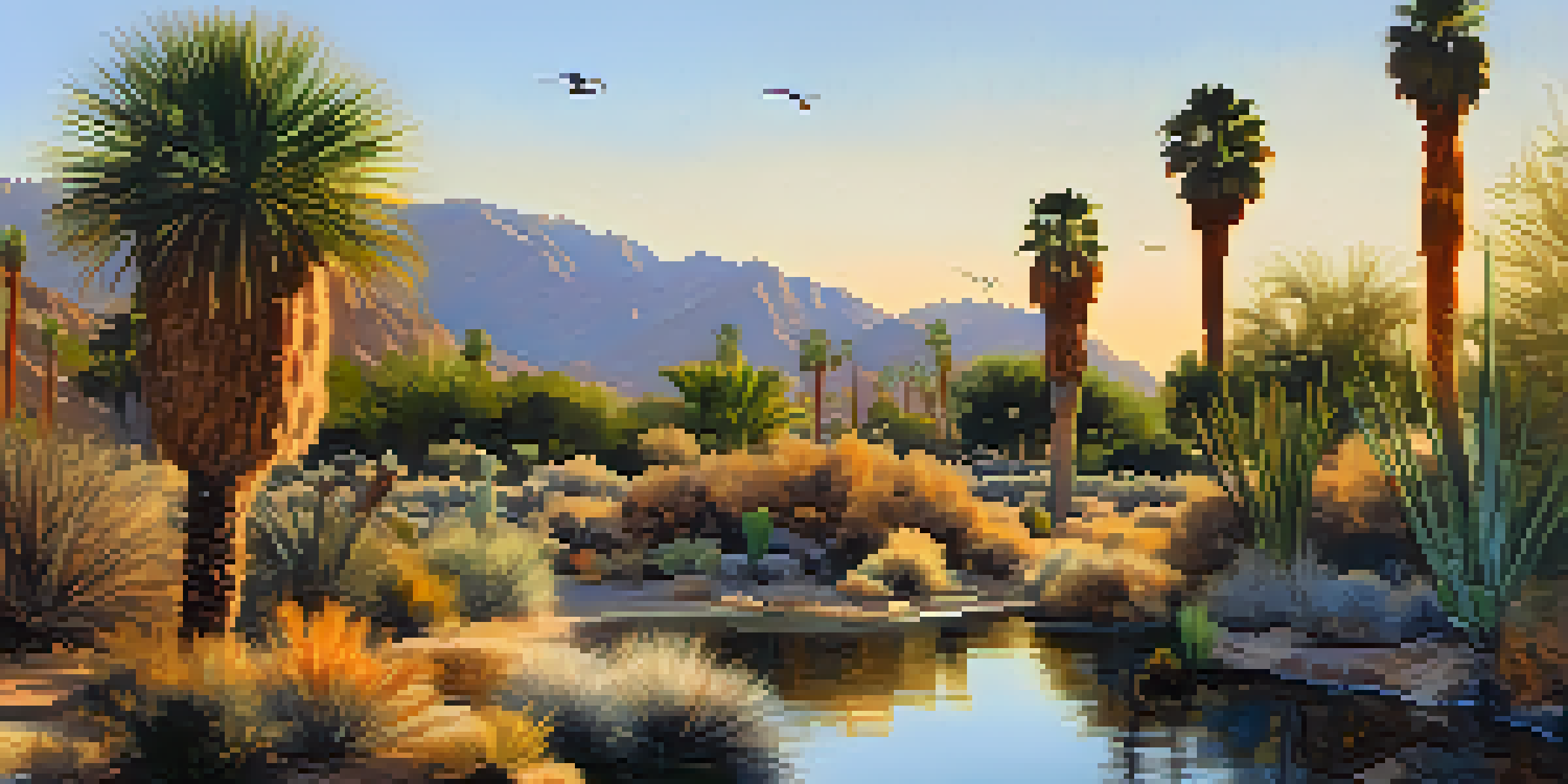 A peaceful morning in Palm Springs with colorful migratory birds among cacti and palm trees, illuminated by golden sunlight.