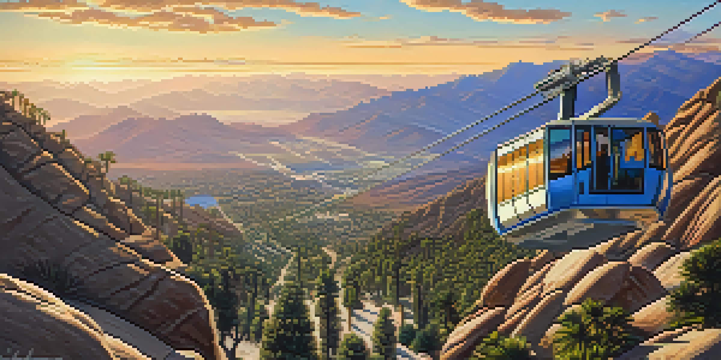A scenic view from the Palm Springs Aerial Tramway, highlighting the lush mountains and arid desert landscape under a golden sunrise.