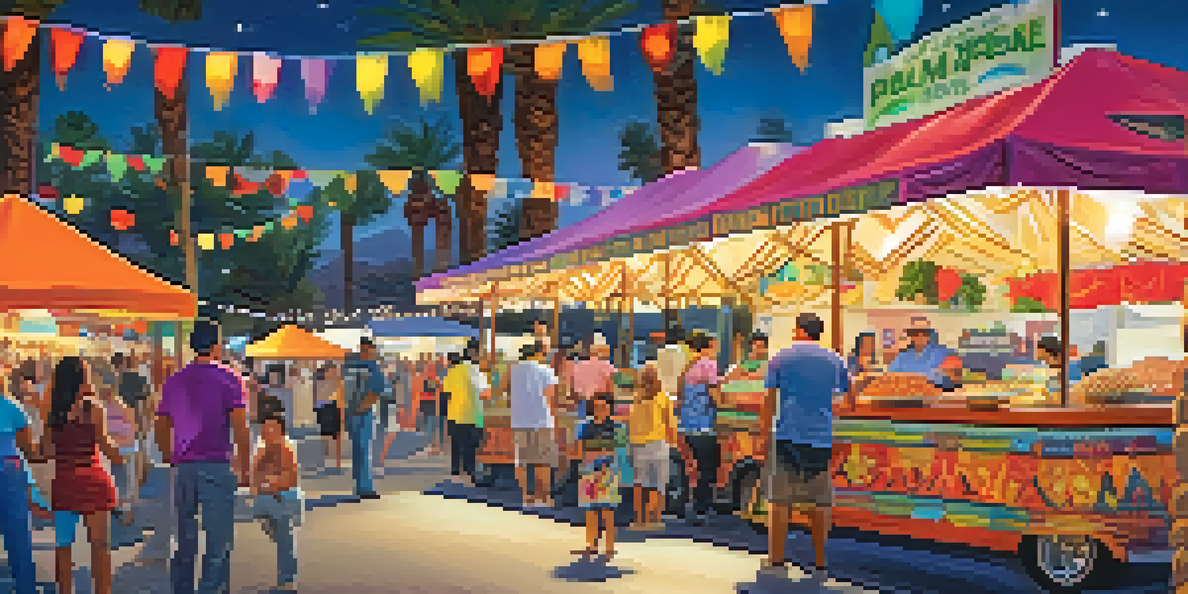 A busy street fair in Palm Springs with food stalls, families enjoying food, and colorful decorations.