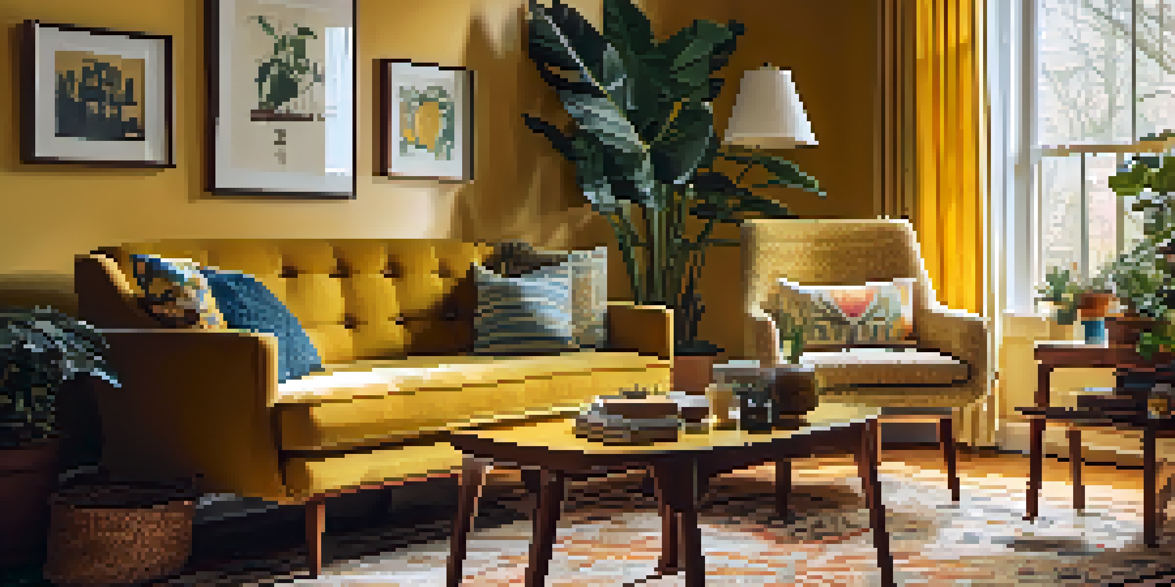 A vintage living room with a yellow armchair, patterned rug, and framed artwork, illuminated by natural light.