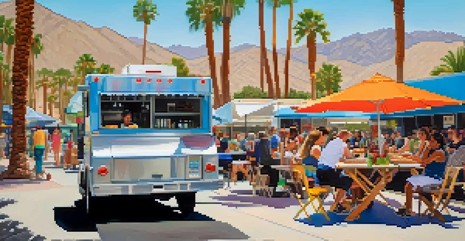 A food truck offering gourmet food at the Palm Springs Art Walk, with people enjoying their meals and art installations in the background.
