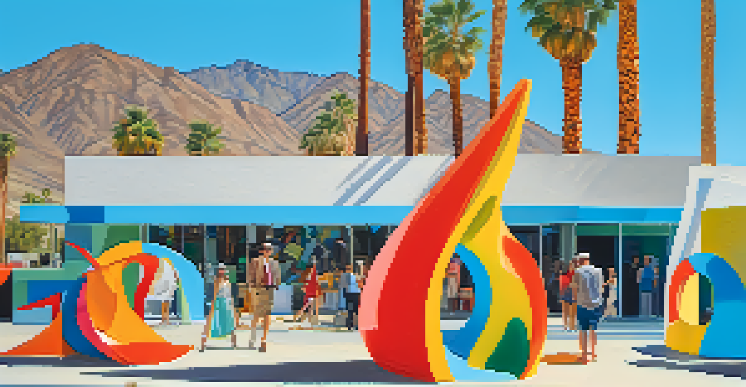 Visitors interacting with a colorful outdoor art installation made of recycled materials in Palm Springs.