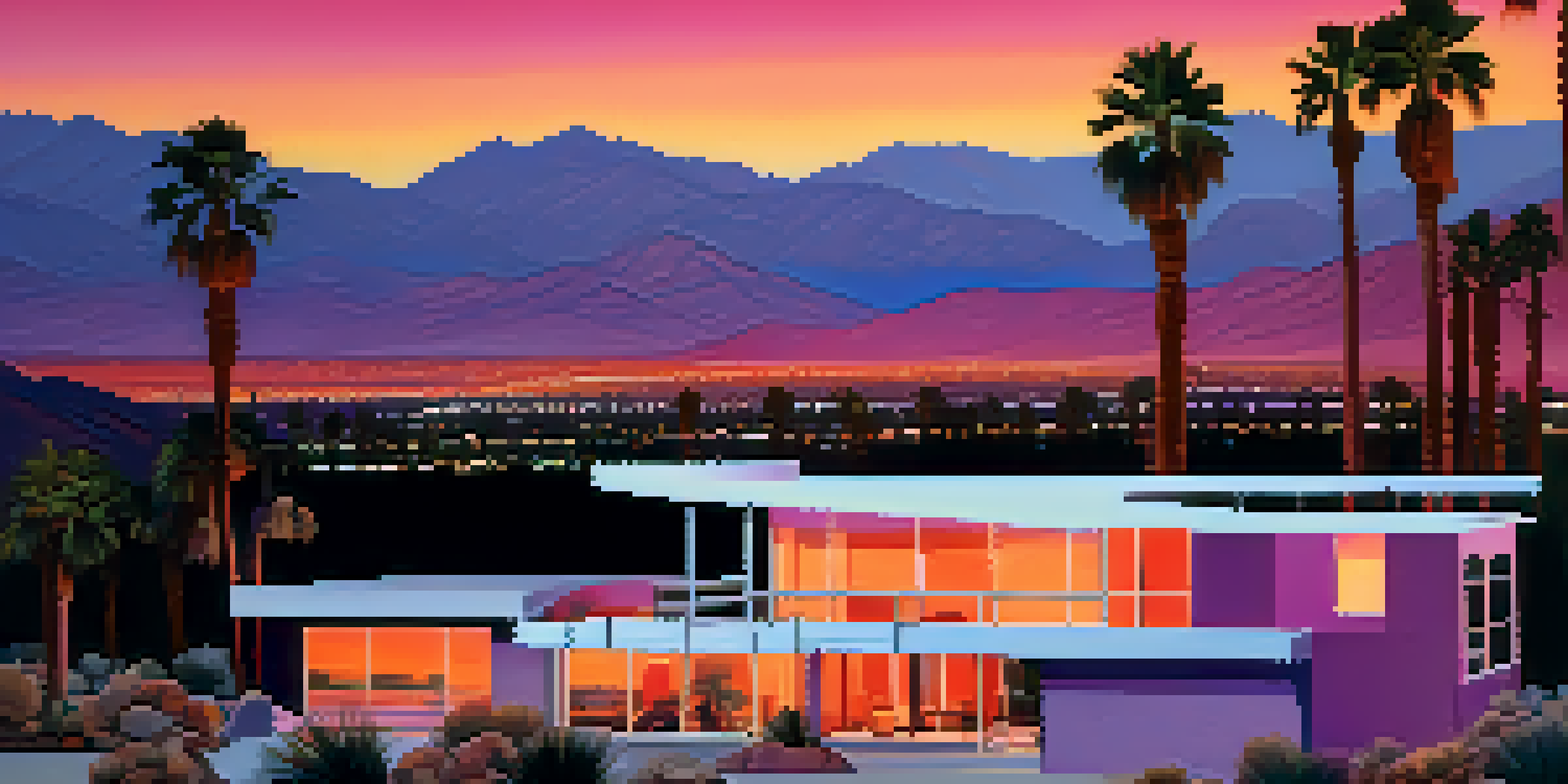 A sunset view over the Palm Springs desert with mid-century modern architecture and palm trees silhouetted against a colorful sky.