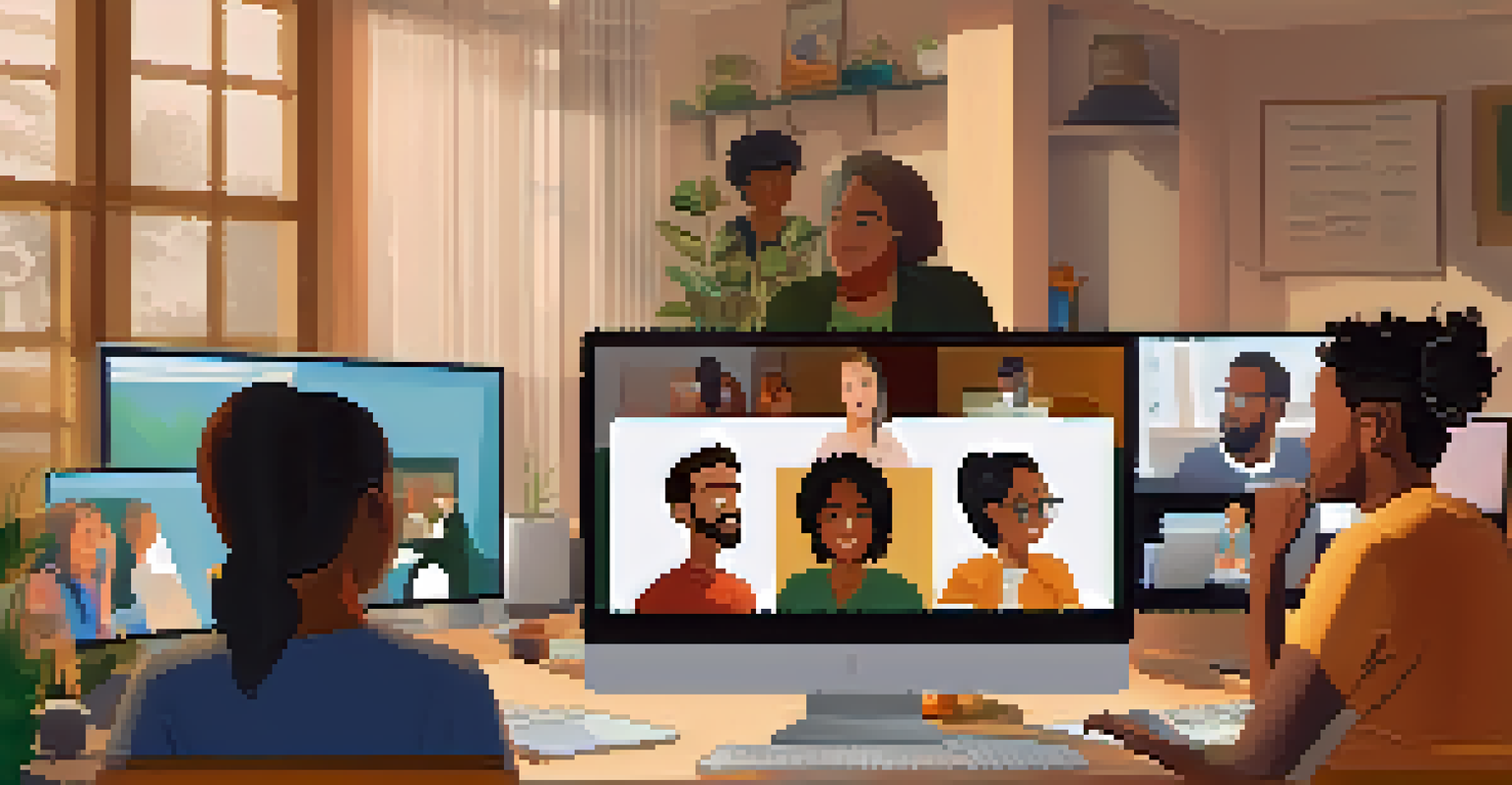 A diverse group of people participating in an online class, interacting through their laptops in comfortable home environments.