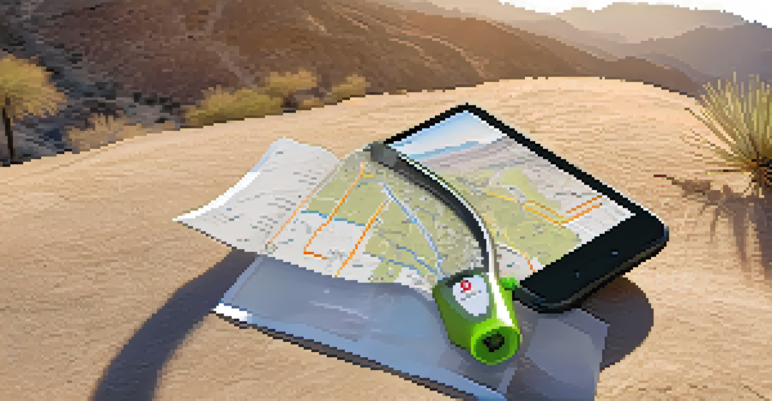 An overhead view of a smartphone displaying a mountain biking map, with a bike and water bottle nearby in a desert setting.