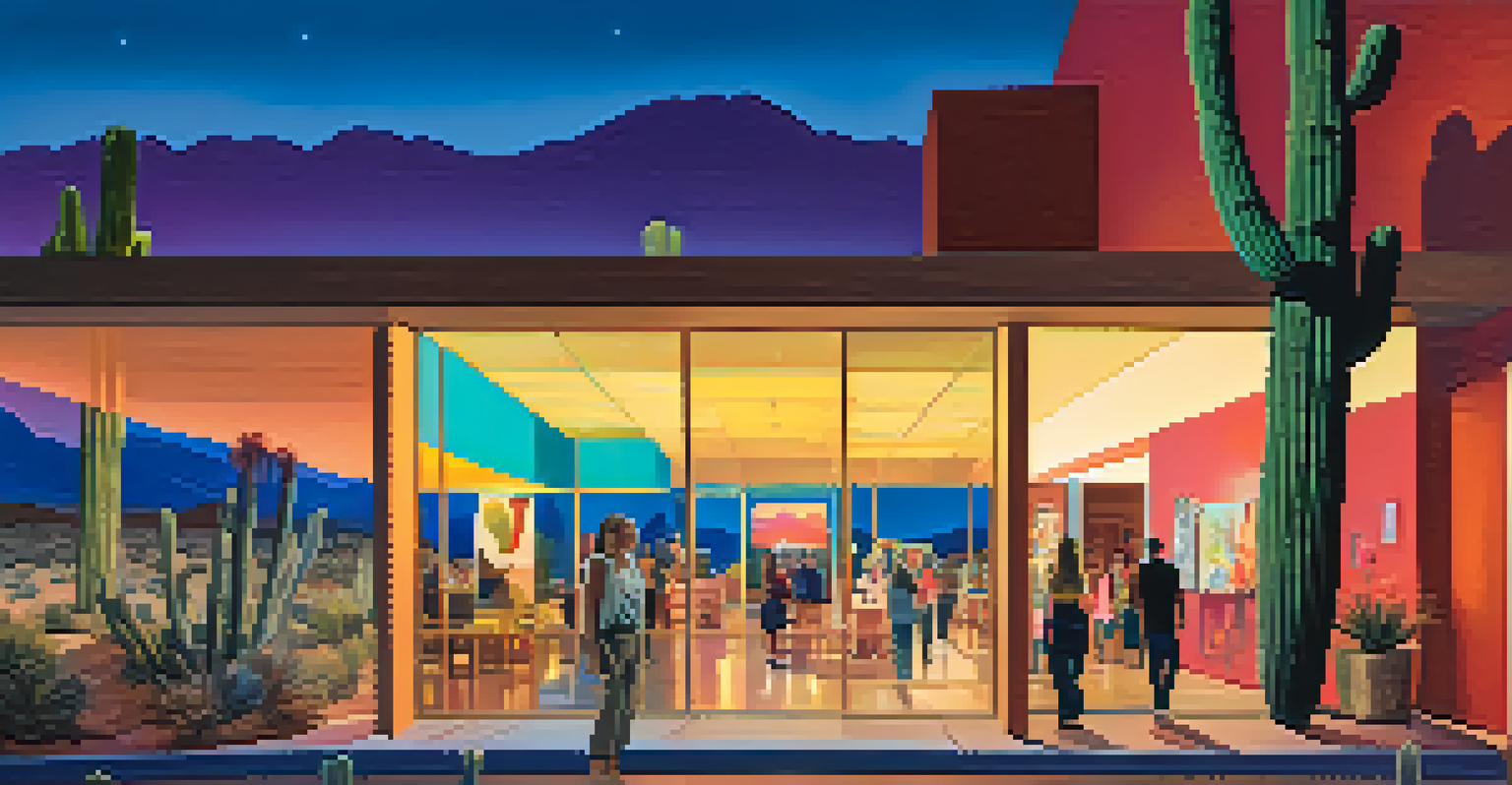 A colorful gallery at the Saguaro Hotel with guests exploring vibrant desert-inspired artworks at night.