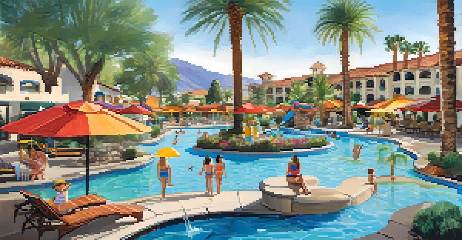 A fun pool area at Omni Rancho Las Palmas Resort with a lazy river and children playing, surrounded by vibrant flowers and umbrellas.