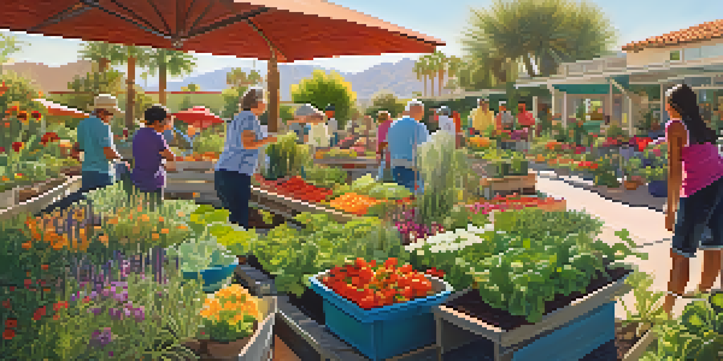A diverse group of people working together in a colorful community garden, surrounded by lush plants and flowers under warm sunlight.
