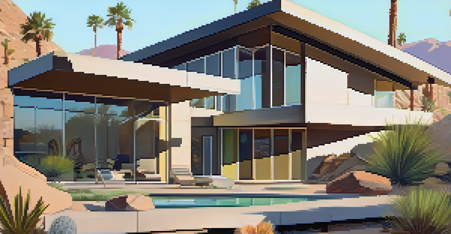 Close-up of an energy-efficient home with solar panels and desert landscaping in Palm Springs.