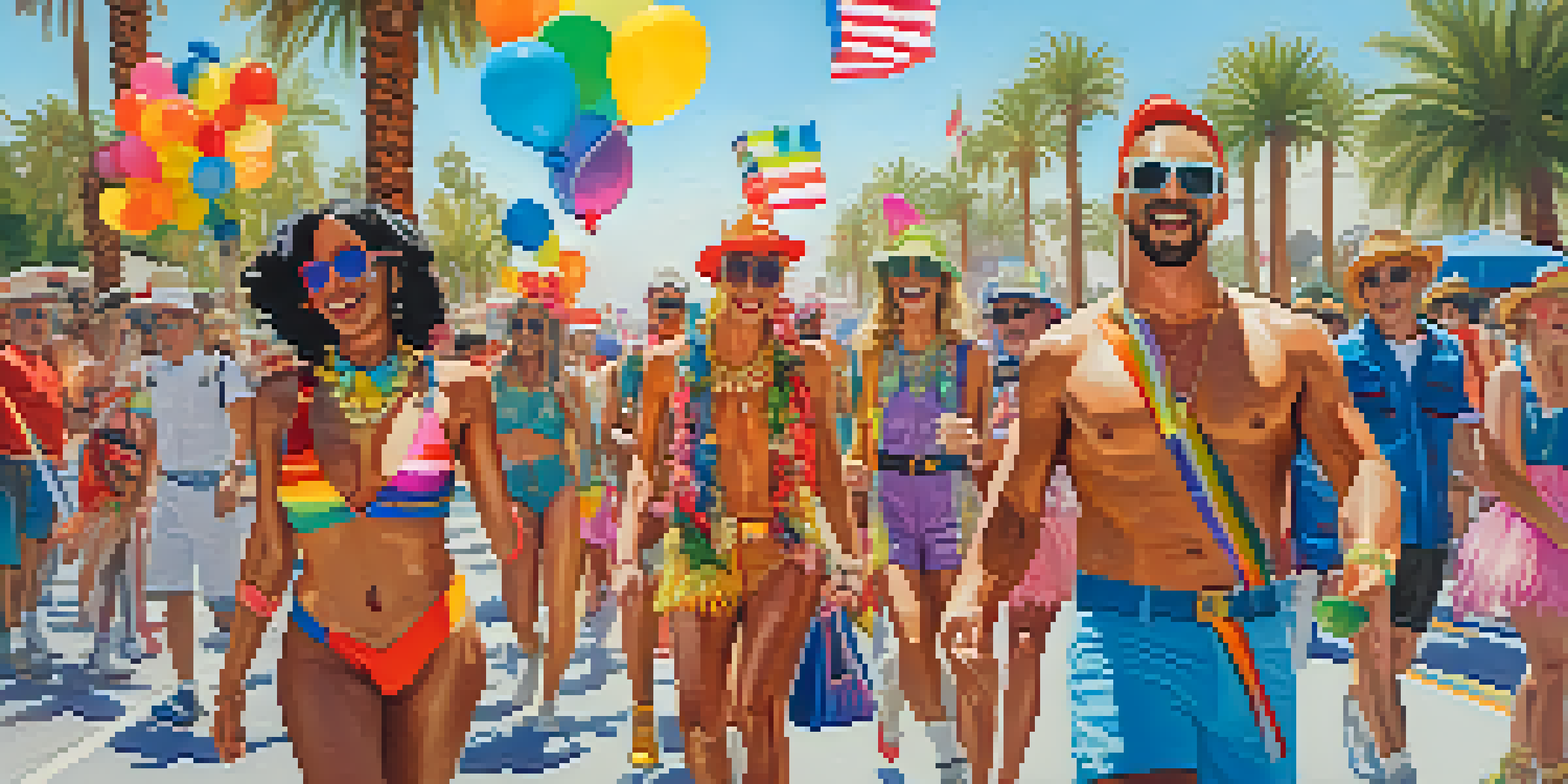 A lively Pride Parade in Palm Springs with participants in colorful outfits celebrating under palm trees.