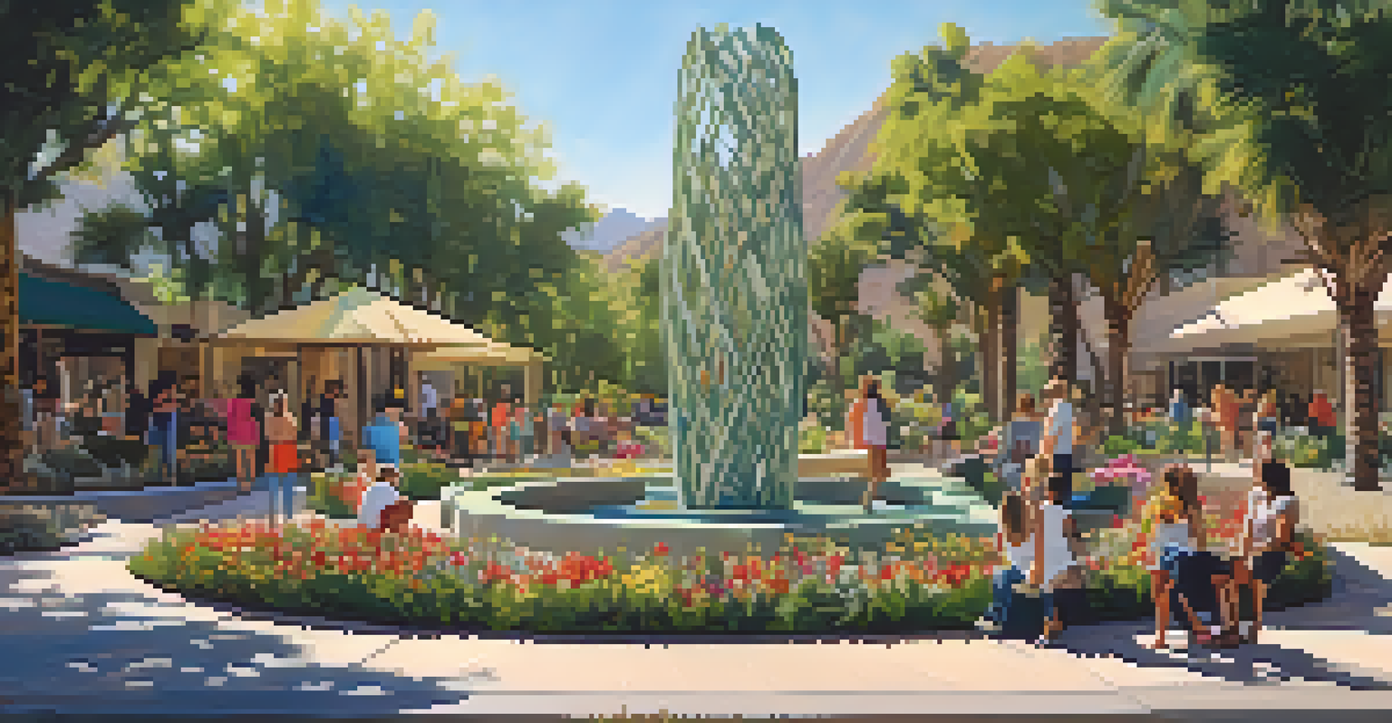 A large sculpture made of recycled materials in a park, surrounded by green plants and flowers, with people gathered around enjoying the day.