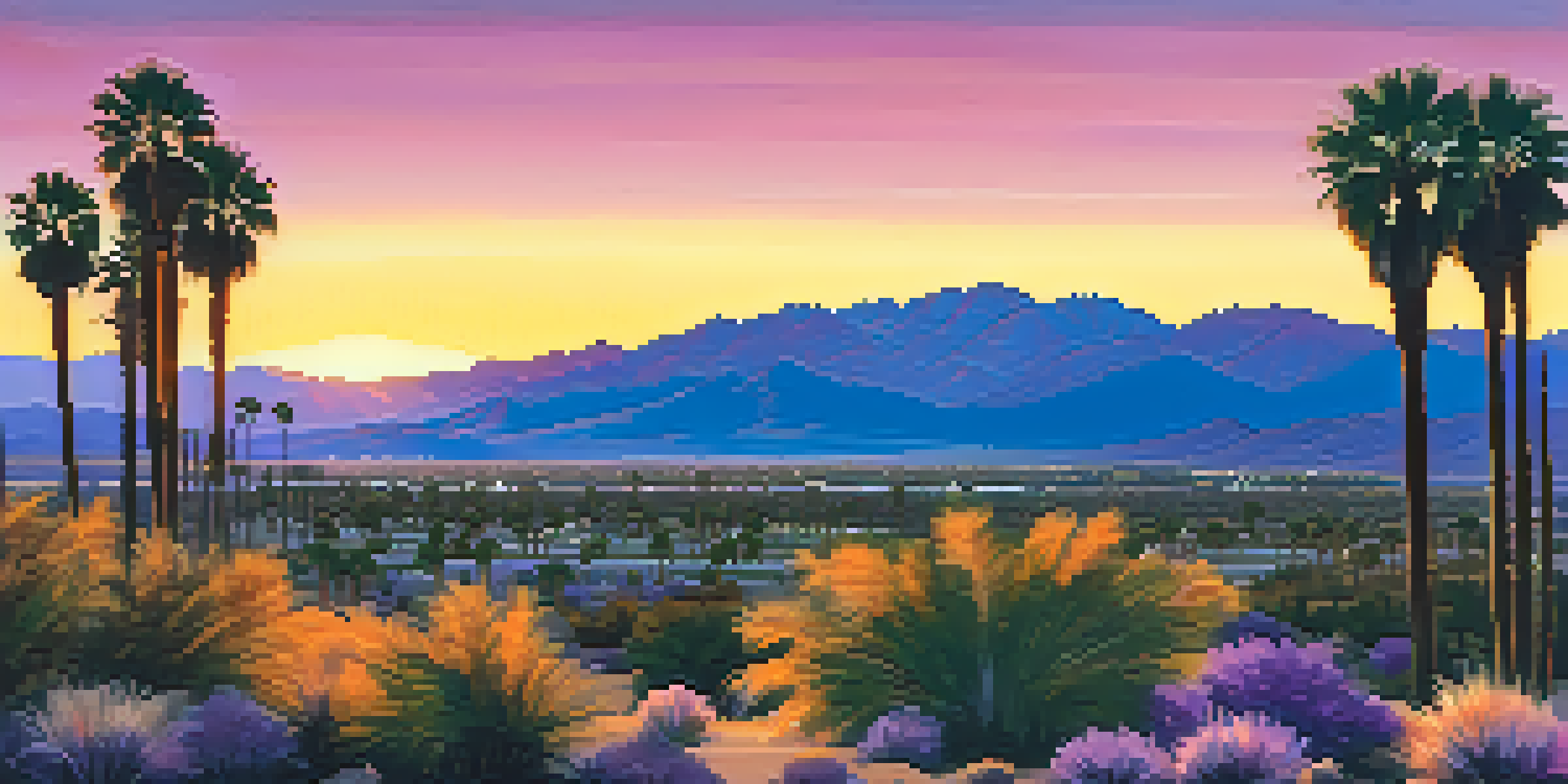 A breathtaking sunset over the Coachella Valley Preserve, with palm trees and mountains in silhouette.