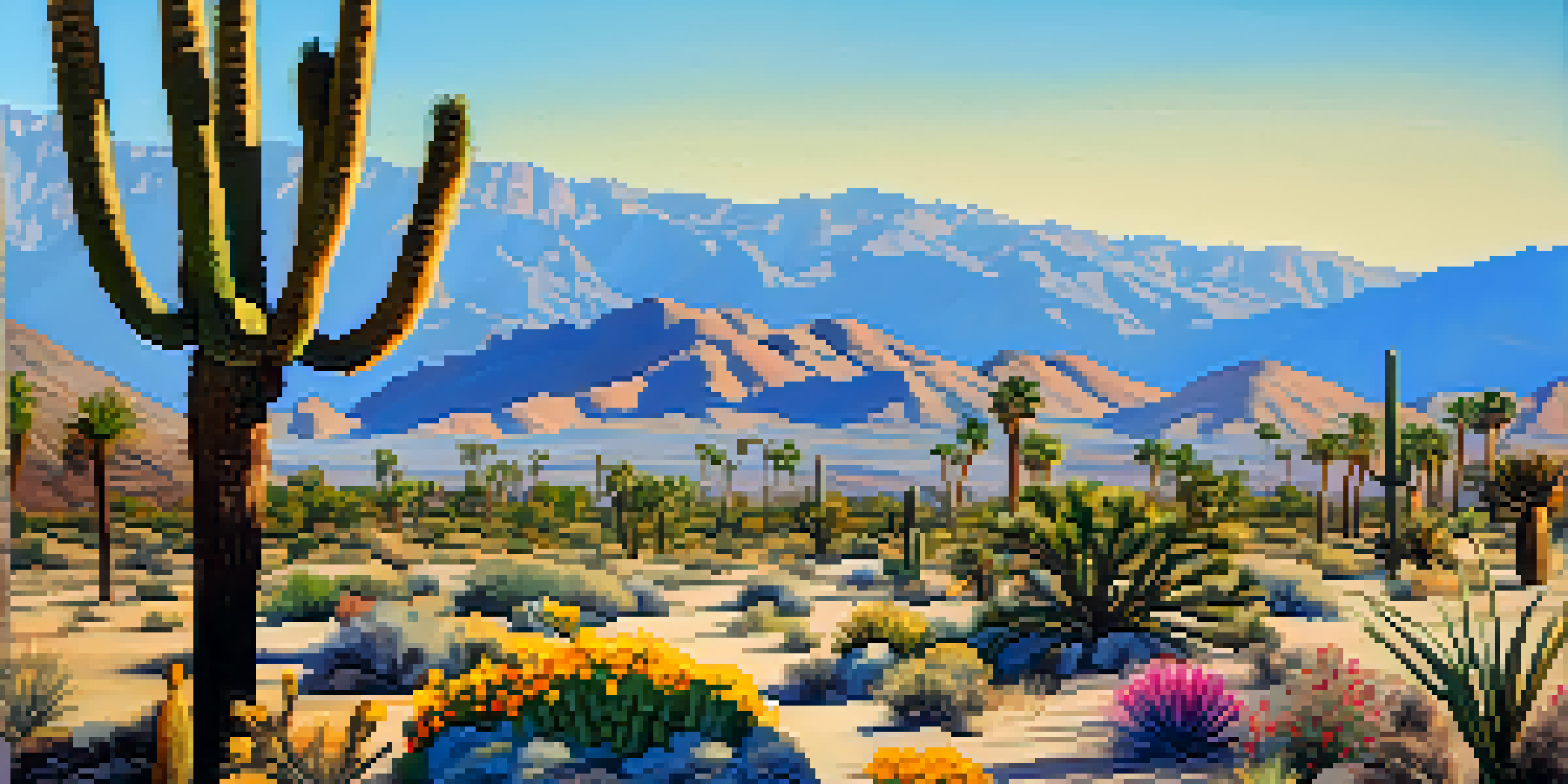 A colorful desert landscape in Palm Springs with Joshua trees, cacti, and wildflowers under a clear blue sky, with distant mountains in the background.
