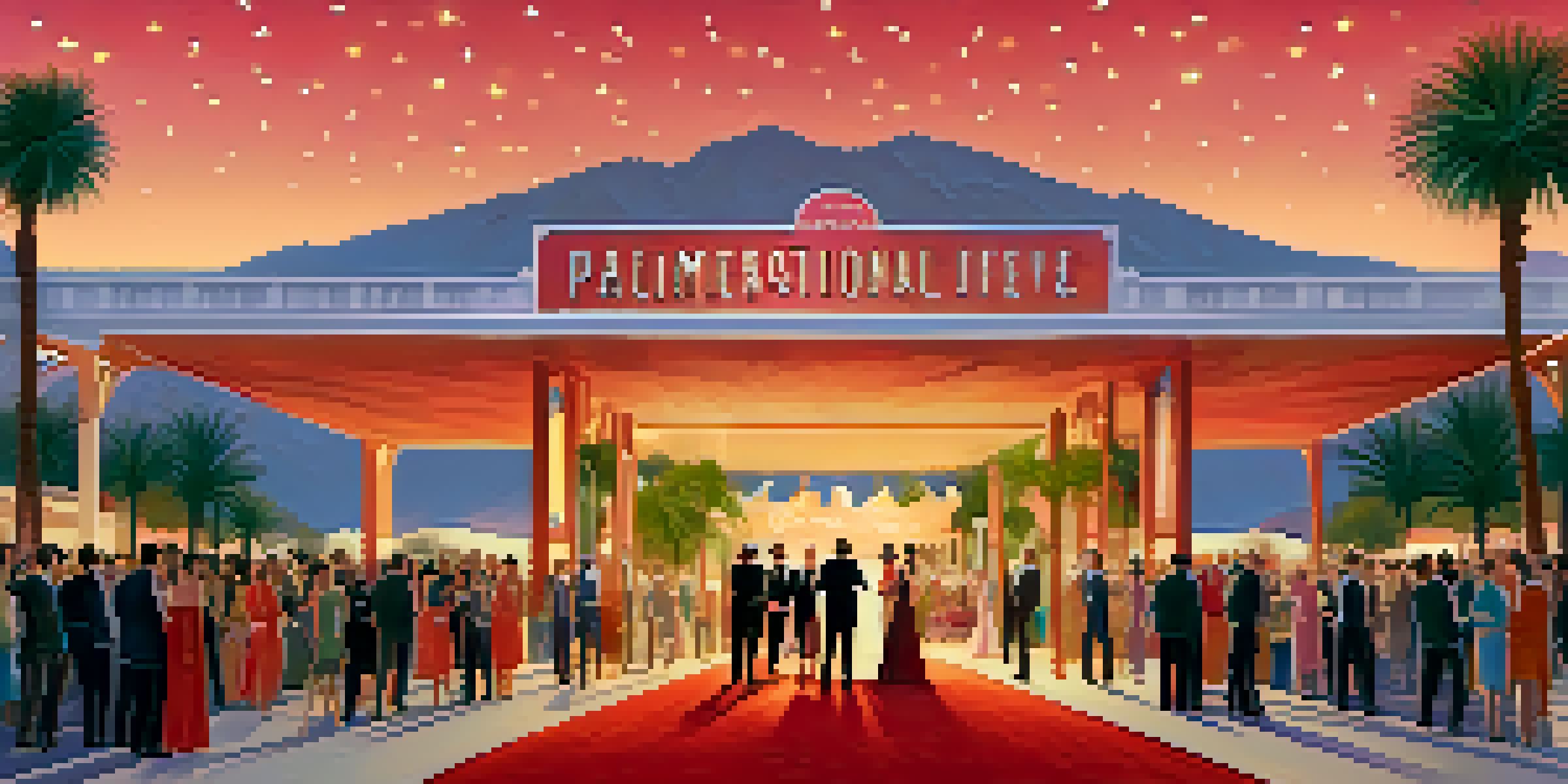 An outdoor scene of the Palm Springs International Film Festival, featuring a red carpet, photographers, and elegantly dressed attendees under palm trees.