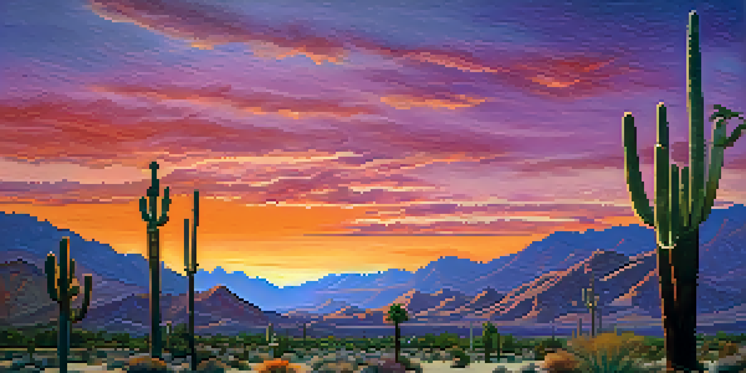 A picturesque sunset in the Palm Springs desert with colorful skies and silhouetted mountains.