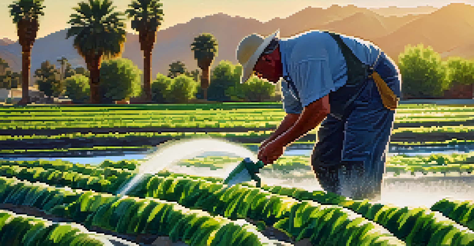 A detailed view of drip irrigation watering crops in a sustainable Palm Springs farm, with sunlight illuminating the water droplets and lush green leaves.