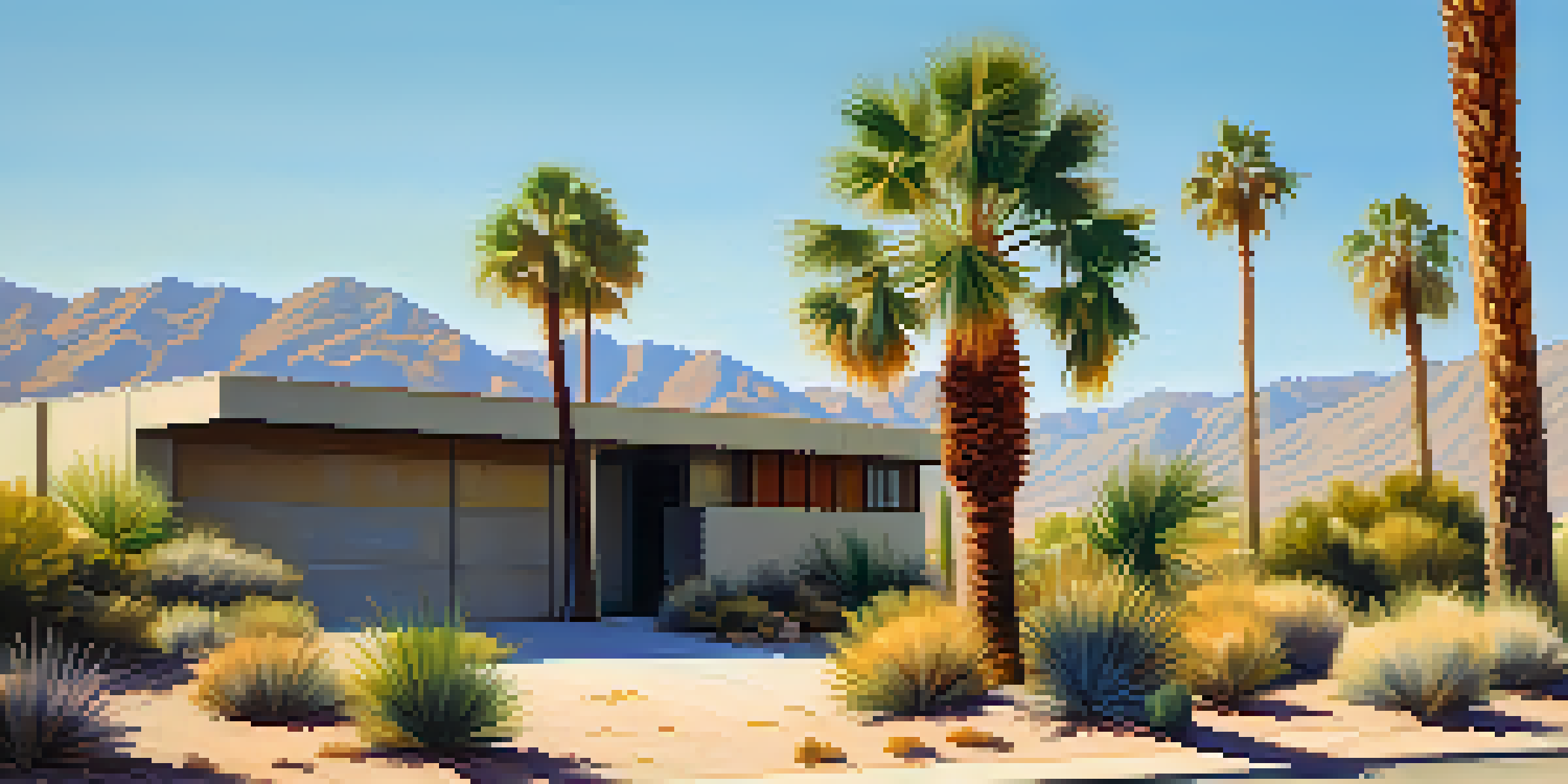 A desert landscape with California Fan Palms against a clear blue sky, highlighting the vibrant greenery and textures of the sandy soil.