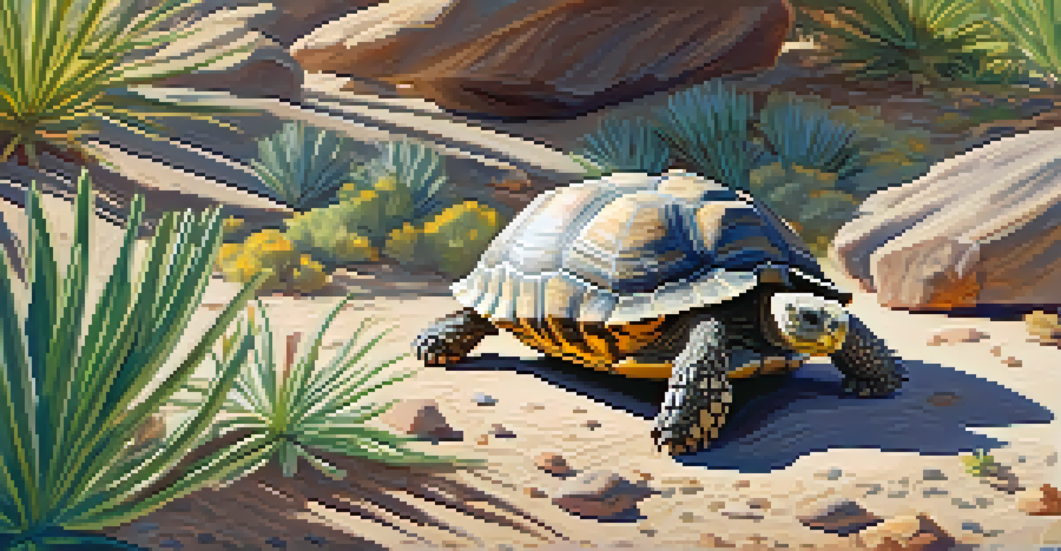 A desert tortoise resting on a trail, surrounded by desert plants and sunlight filtering through the leaves.