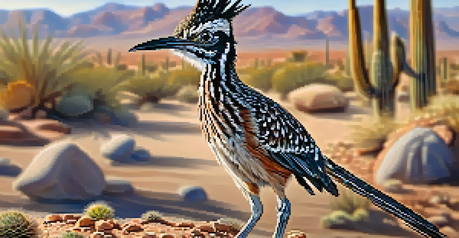 A close-up of a roadrunner in the desert, showcasing its intricate feather patterns against a soft-focus desert background.