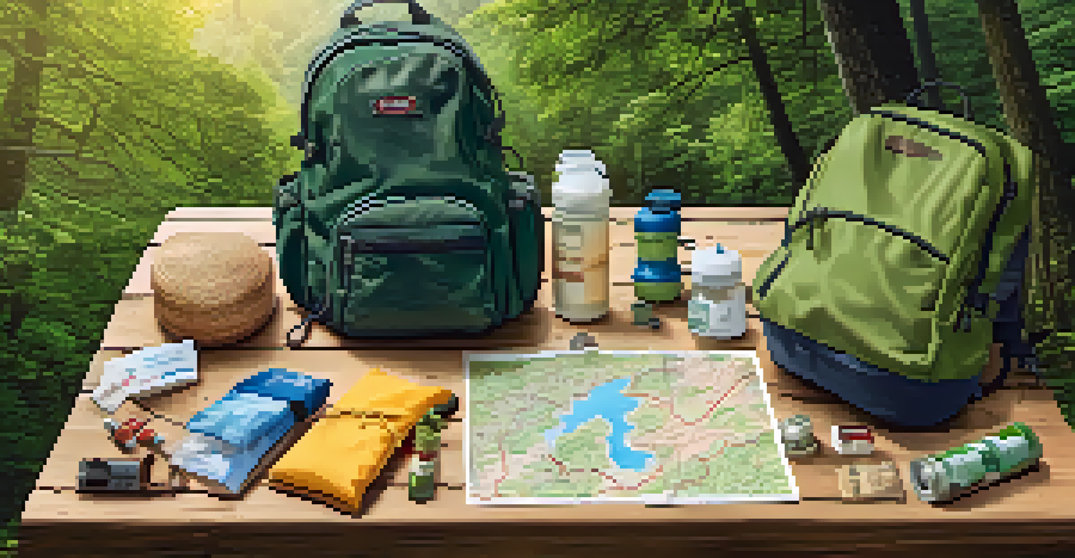 A display of hiking gear including a water bottle, map, and snacks on a picnic table, with a green landscape in the background.