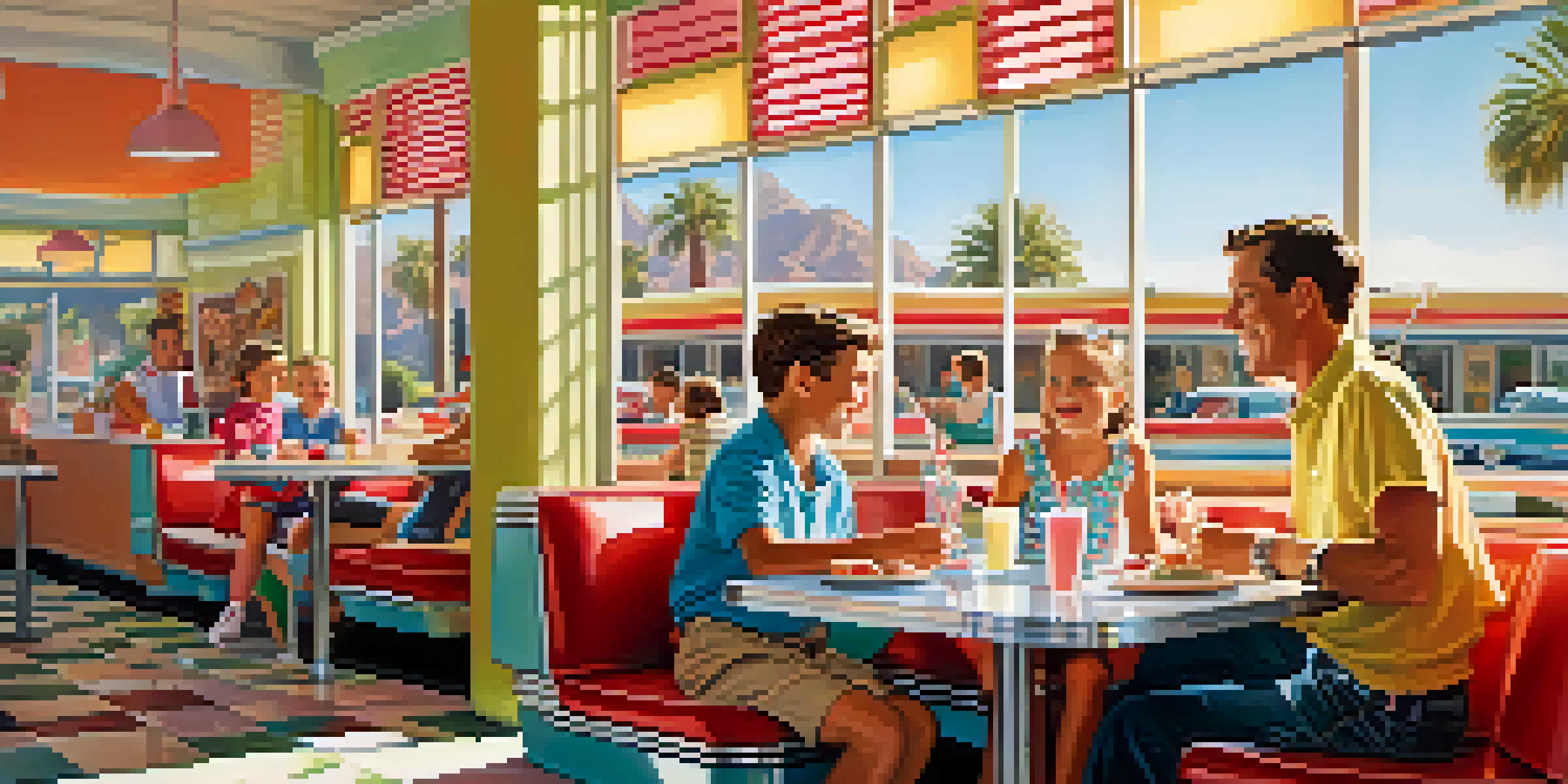 A family dining happily at The Palm Springs Diner, with kids enjoying mini burgers and colorful milkshakes in a retro setting.