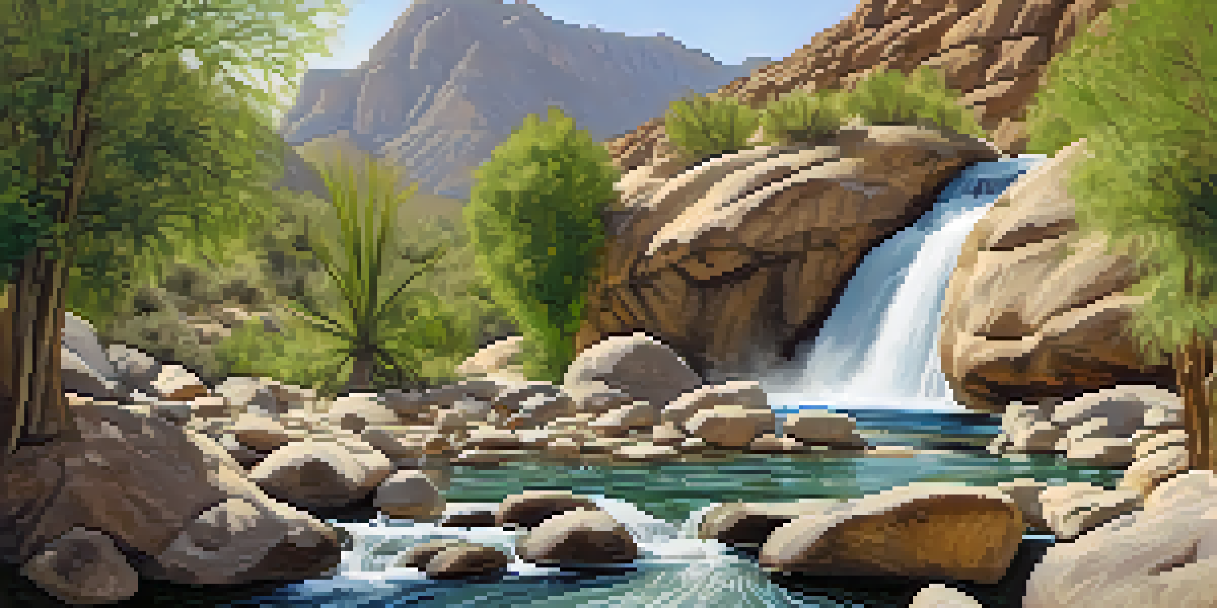 A serene waterfall in Tahquitz Canyon Trail with hikers enjoying the lush greenery against the desert backdrop.